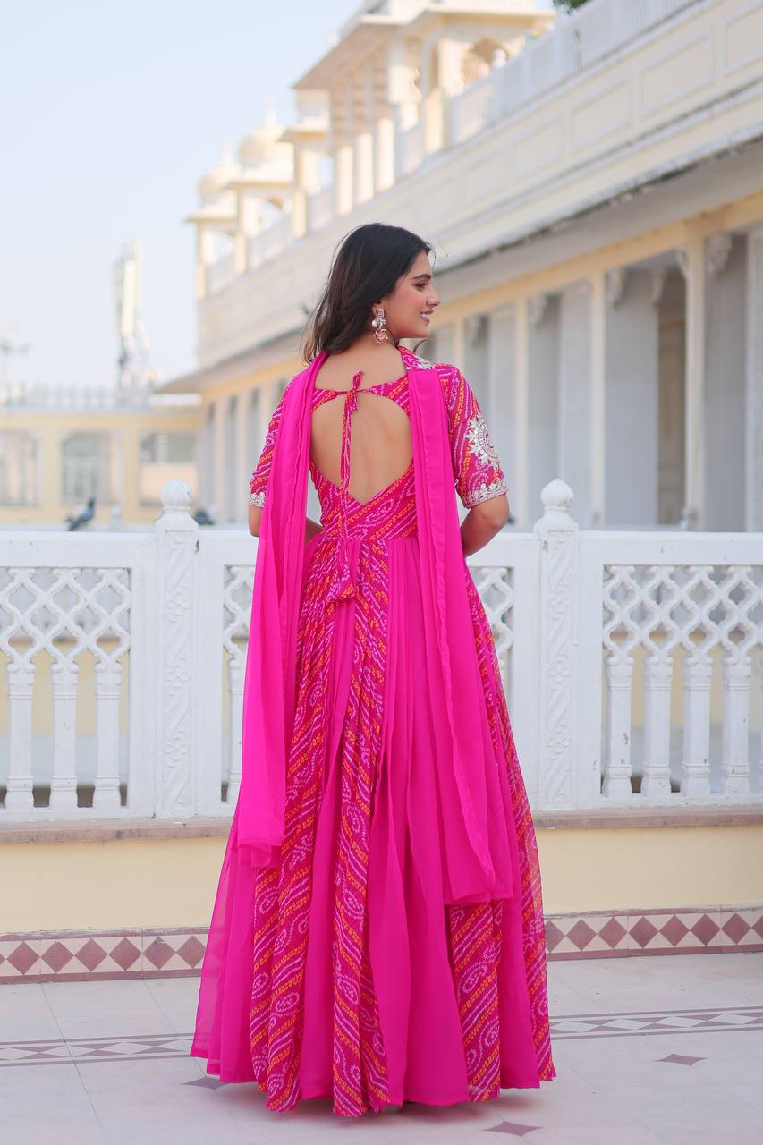 Lehenga Mart Designer Georgette Bandhej Gown & Dupatta