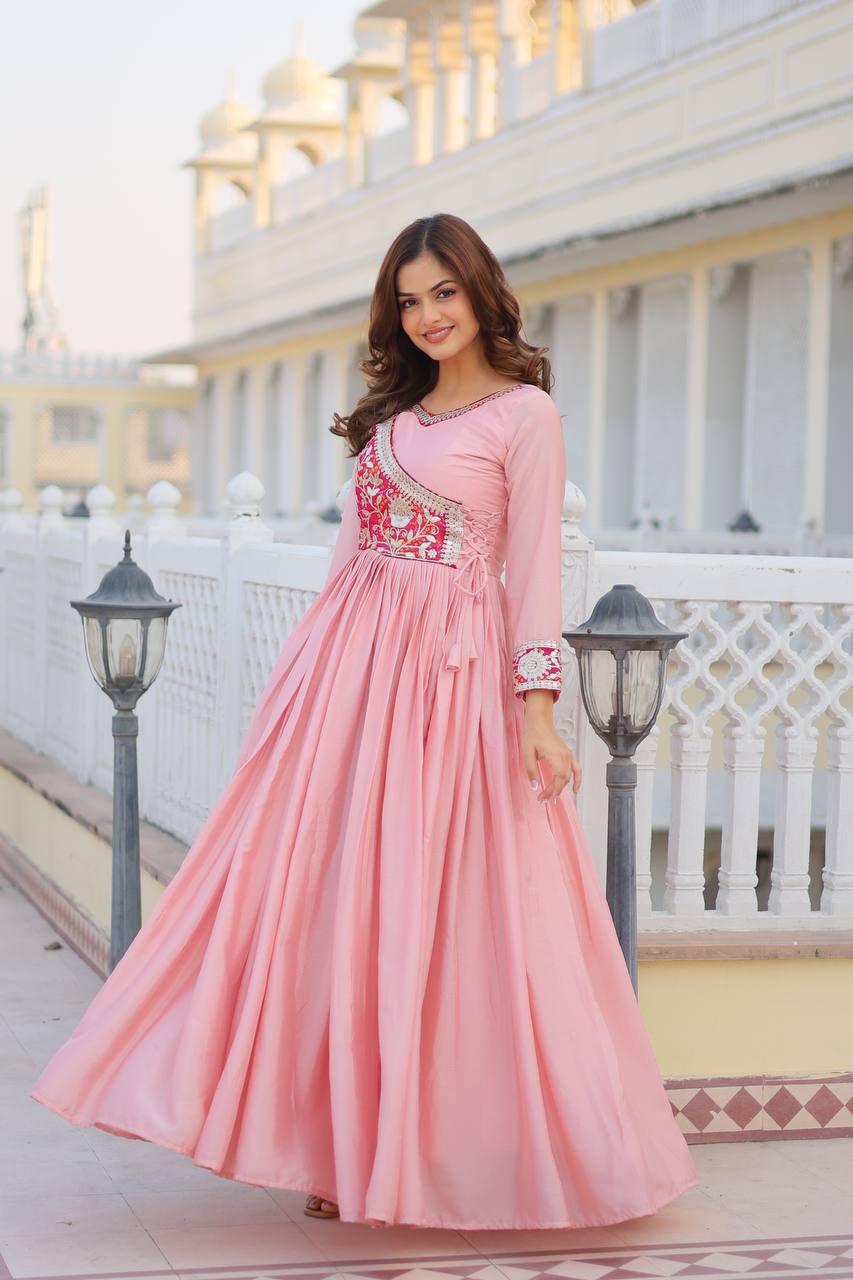 Lehenga Mart Pure Chinon Bandhej Gotta patti cording Work Gown
