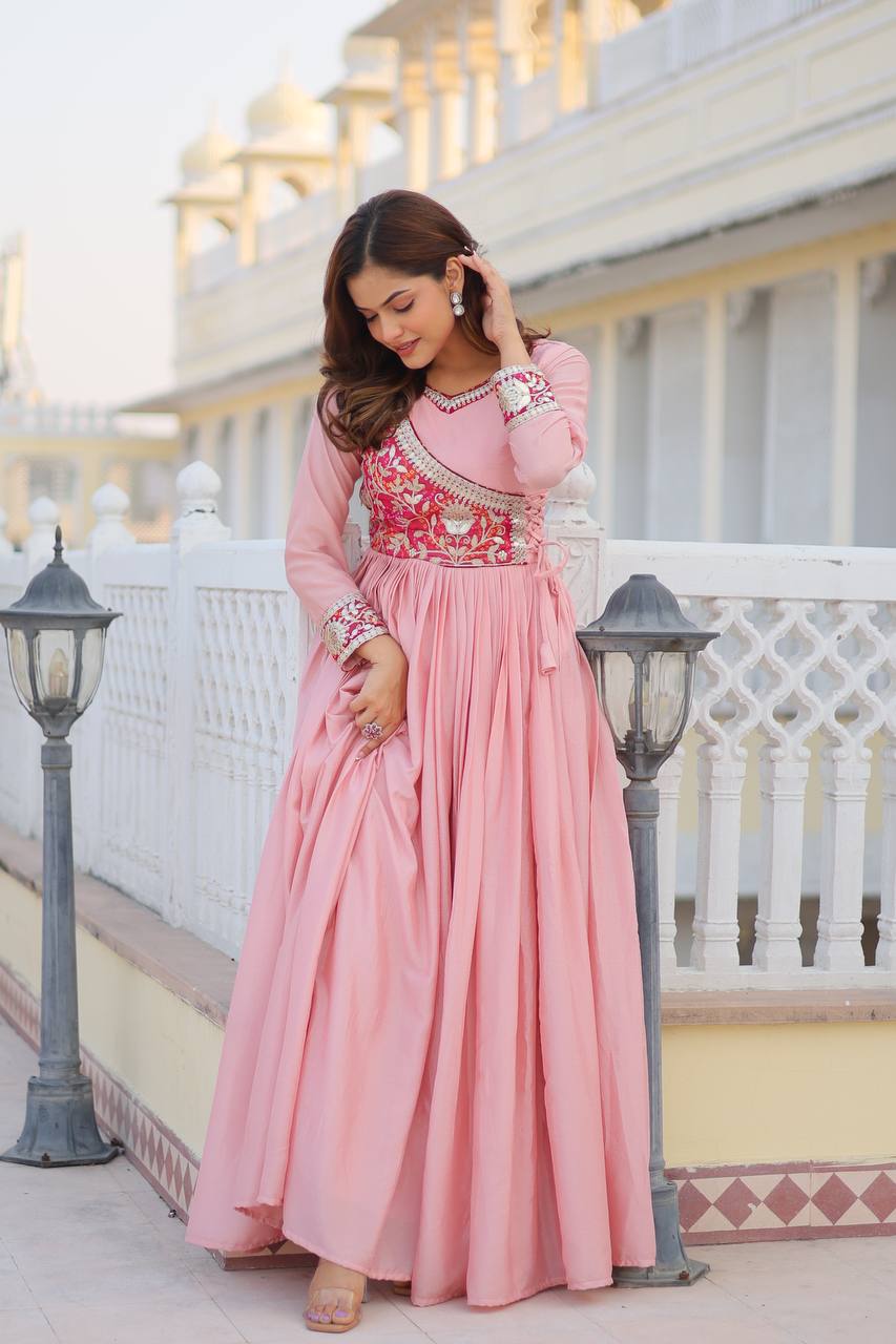 Lehenga Mart Pure Chinon Bandhej Gotta patti cording Work Gown