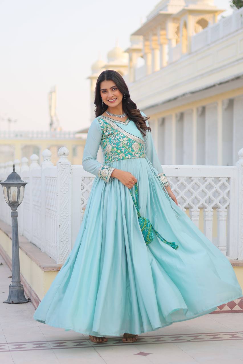 Lehenga Mart Pure Chinon Bandhej Gotta patti cording Work Gown