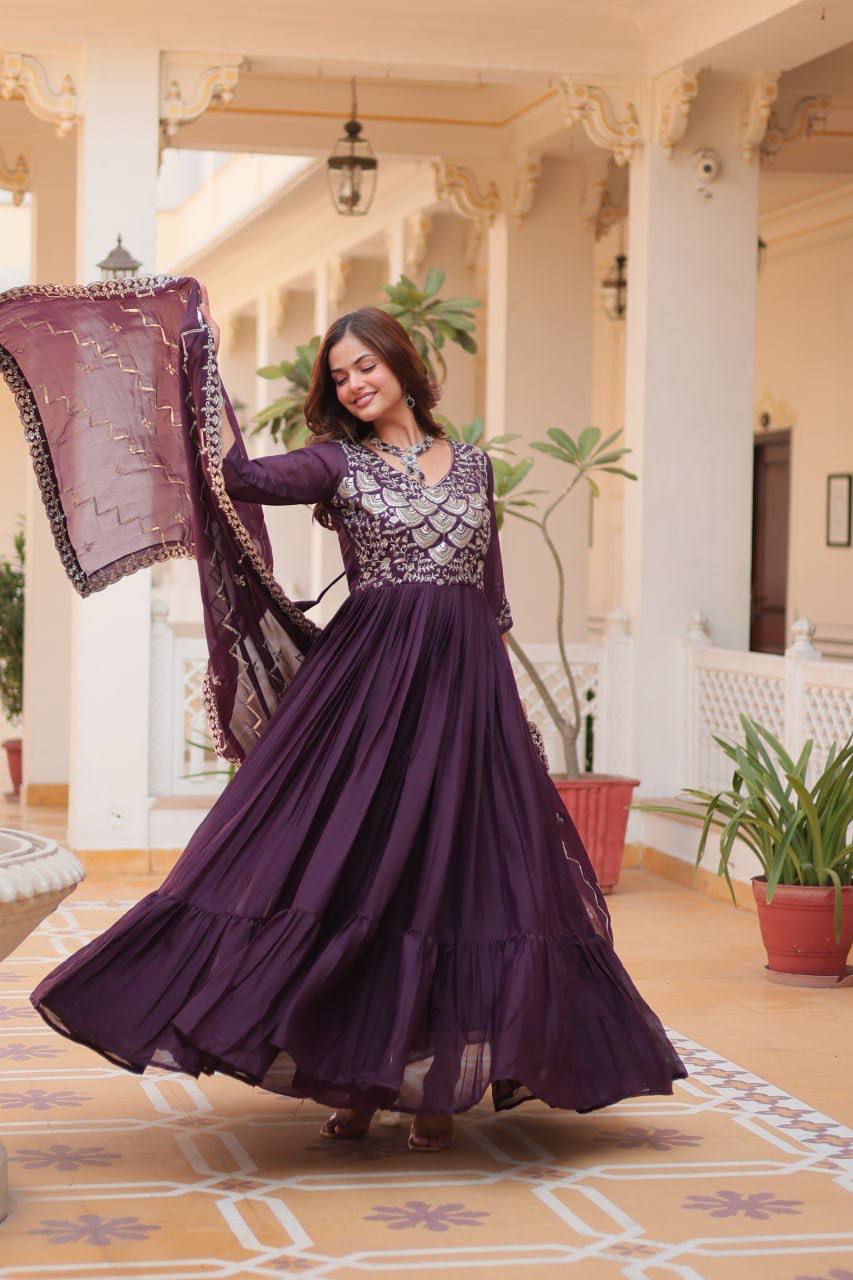 Lehenga Mart Georgette Long Gown & Dupatta for wedding Party wear