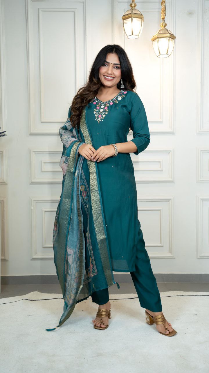 Lorenvalley Fashion Rama Roman Silk Hand Work Kurta Pant with Dupatta 