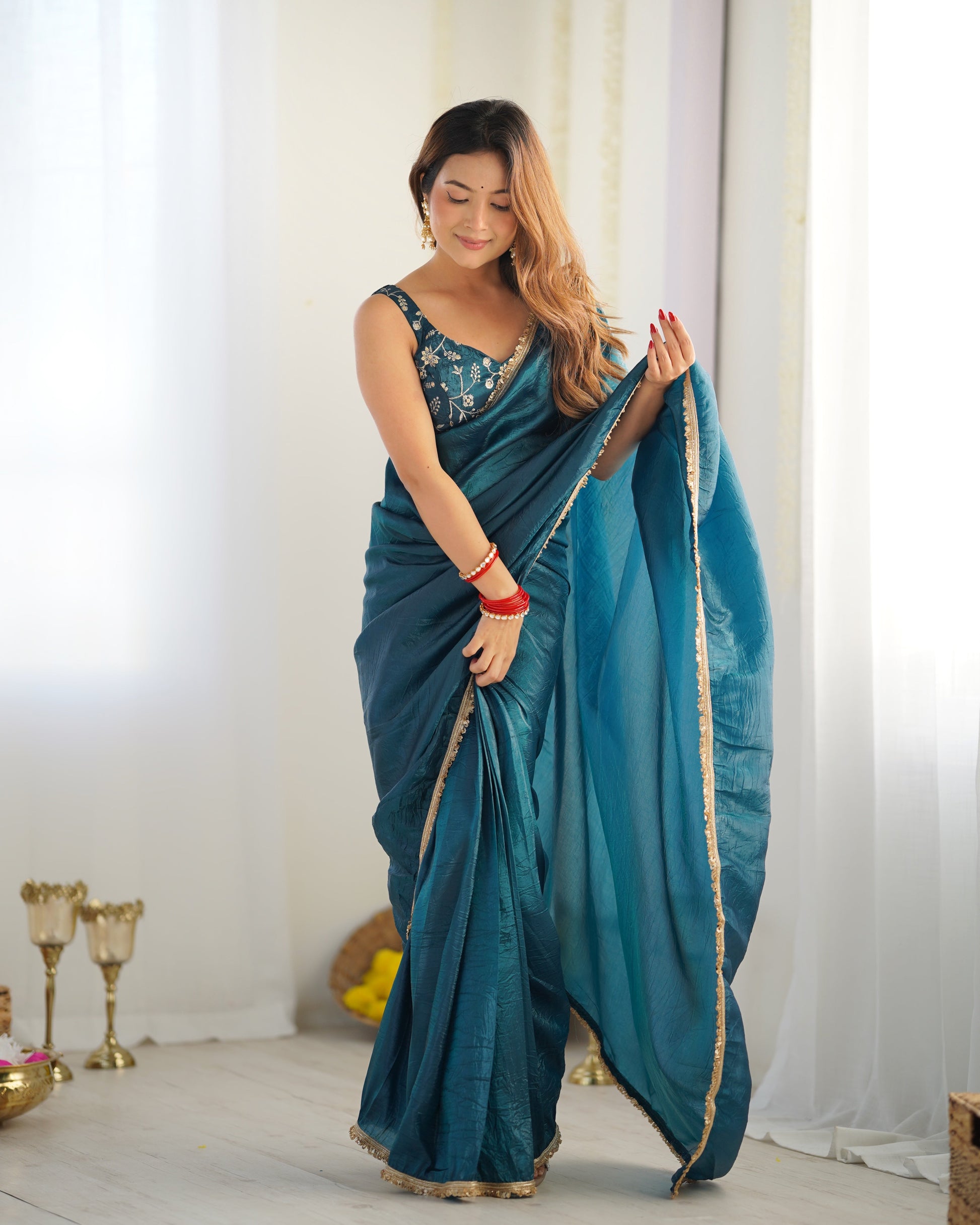 Lorenvalley Ready to wear Crush Tissue Silk Fabric Fancy Border Premium Lace Work Predrapped Grab2Buy 