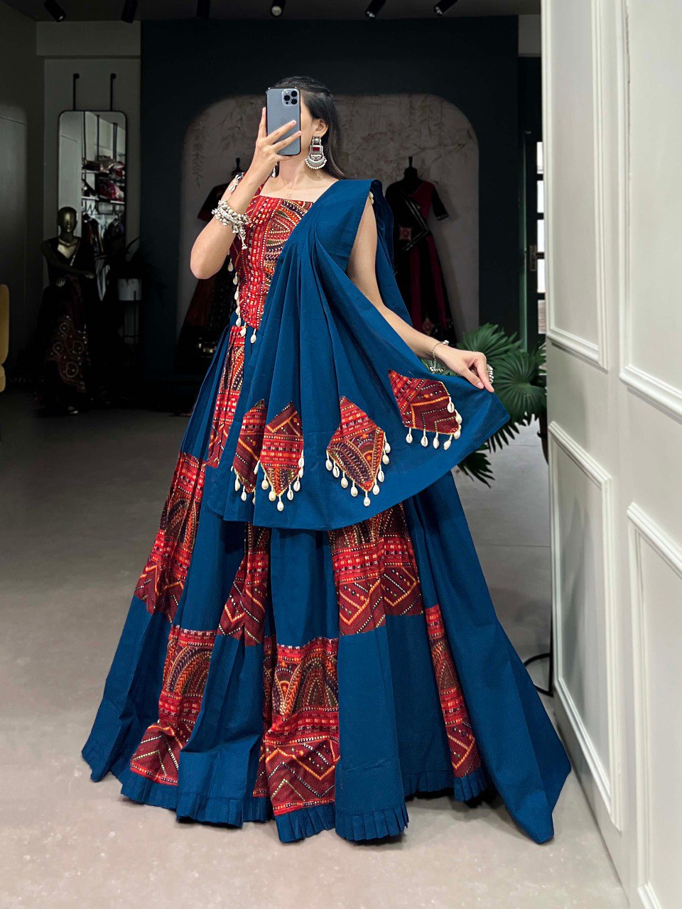 Lorenvalley Pure Cotton Rama Plain And Printed With Foil Work Lehenga Choli with Dupatta 