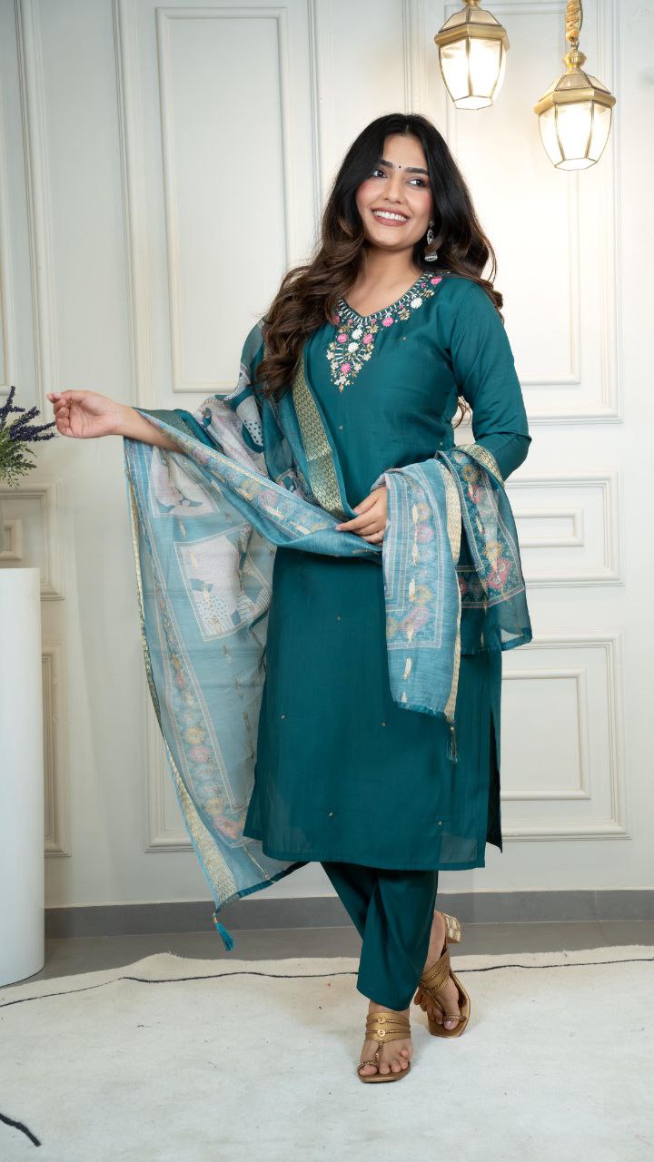 Lorenvalley Fashion Rama Roman Silk Hand Work Kurta Pant with Dupatta 