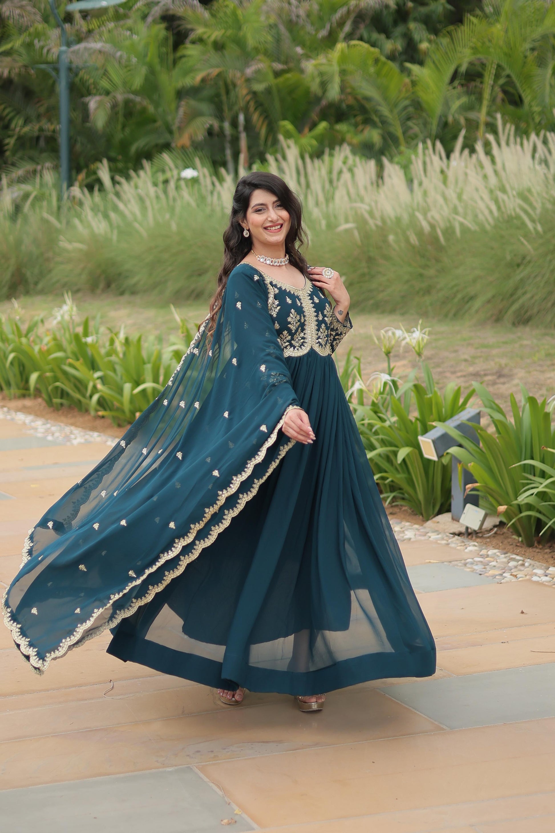Evanik Rama Faux Blooming Gown With Dupatta With Sequins-Multi & Zari Embroidered Work