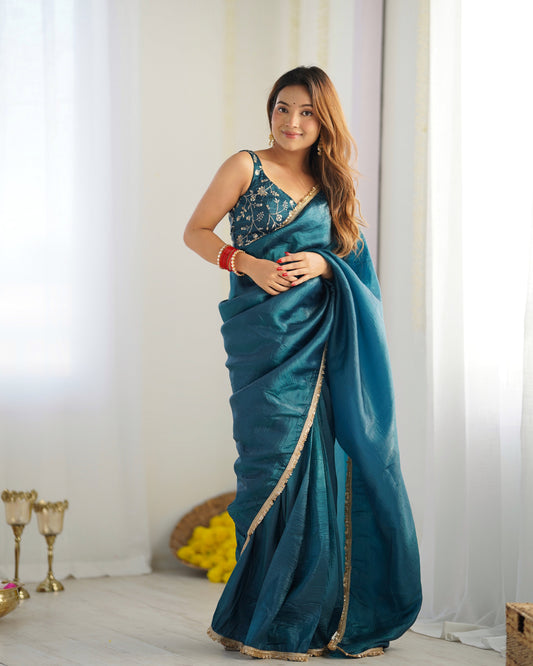 Lorenvalley Ready to wear Crush Tissue Silk Fabric Fancy Border Premium Lace Work Predrapped Grab2Buy 