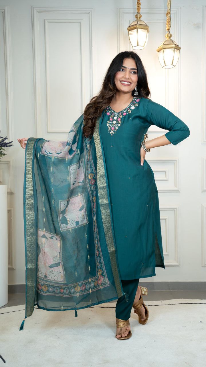 Lorenvalley Fashion Rama Roman Silk Hand Work Kurta Pant with Dupatta 