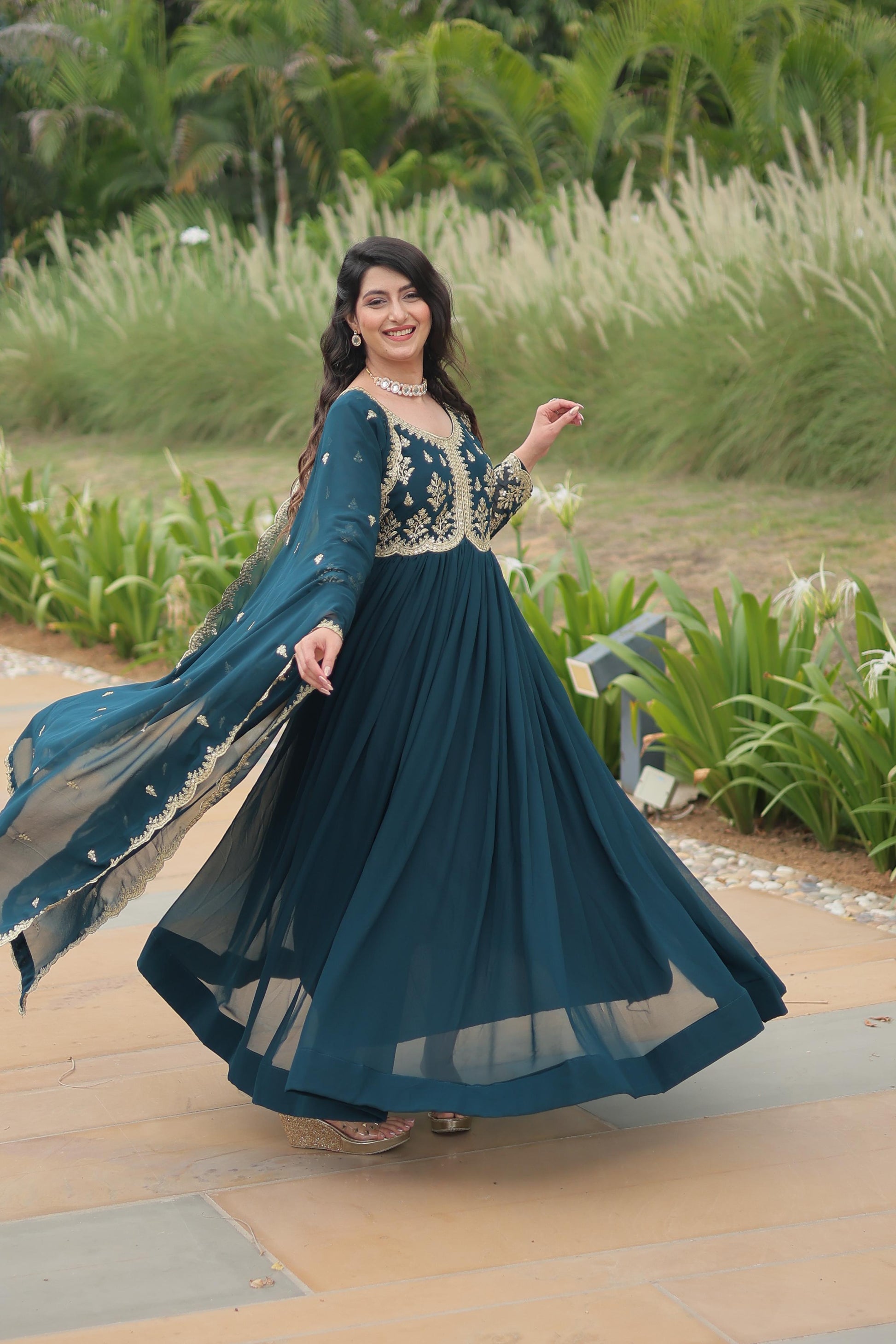 Evanik Rama Faux Blooming Gown With Dupatta With Sequins-Multi & Zari Embroidered Work
