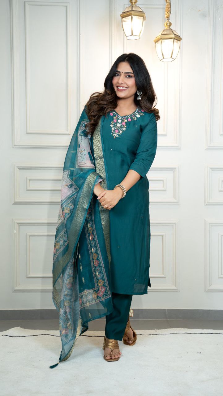 Lorenvalley Fashion Rama Roman Silk Hand Work Kurta Pant with Dupatta 