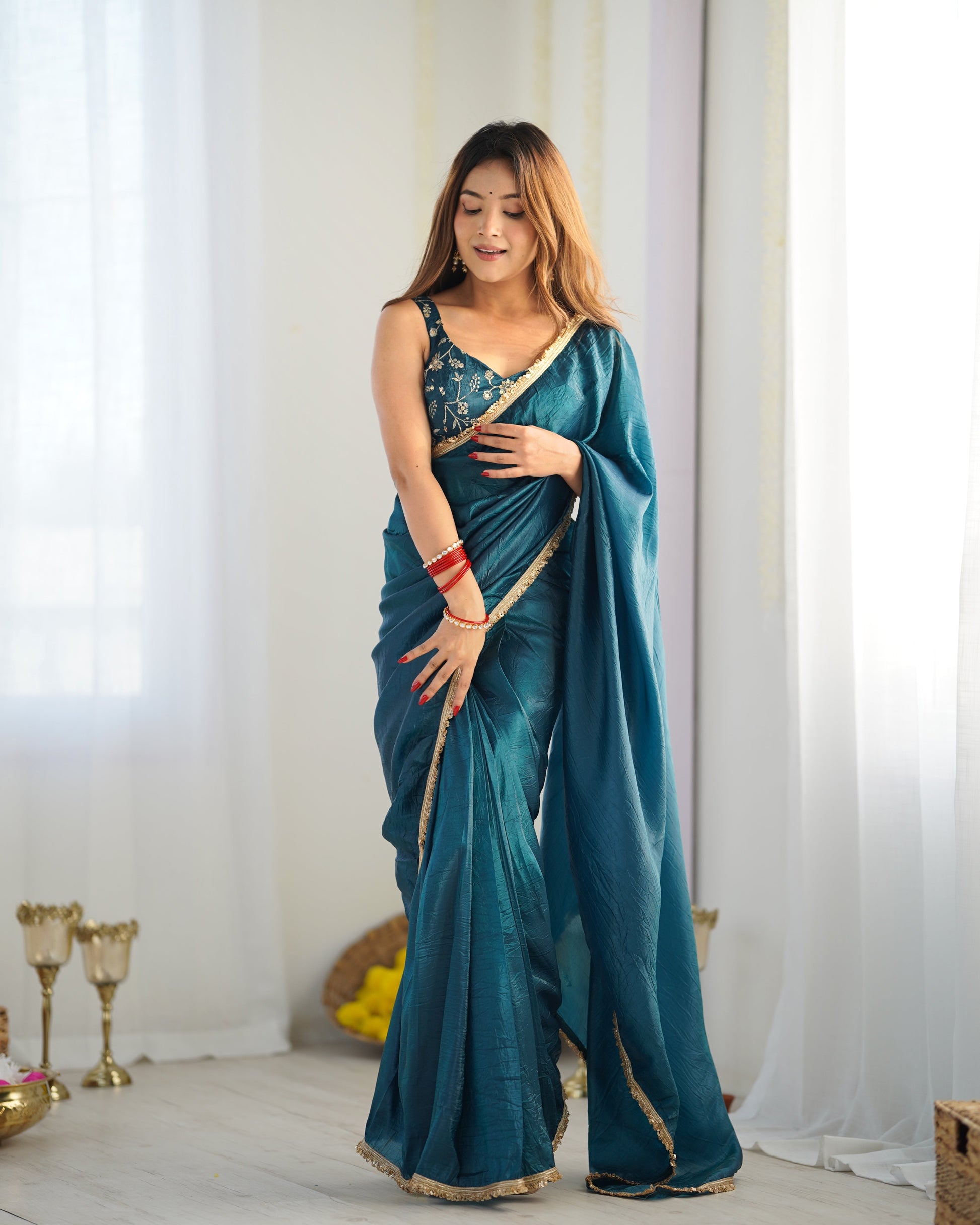 Lorenvalley Ready to wear Crush Tissue Silk Fabric Fancy Border Premium Lace Work Predrapped Grab2Buy 
