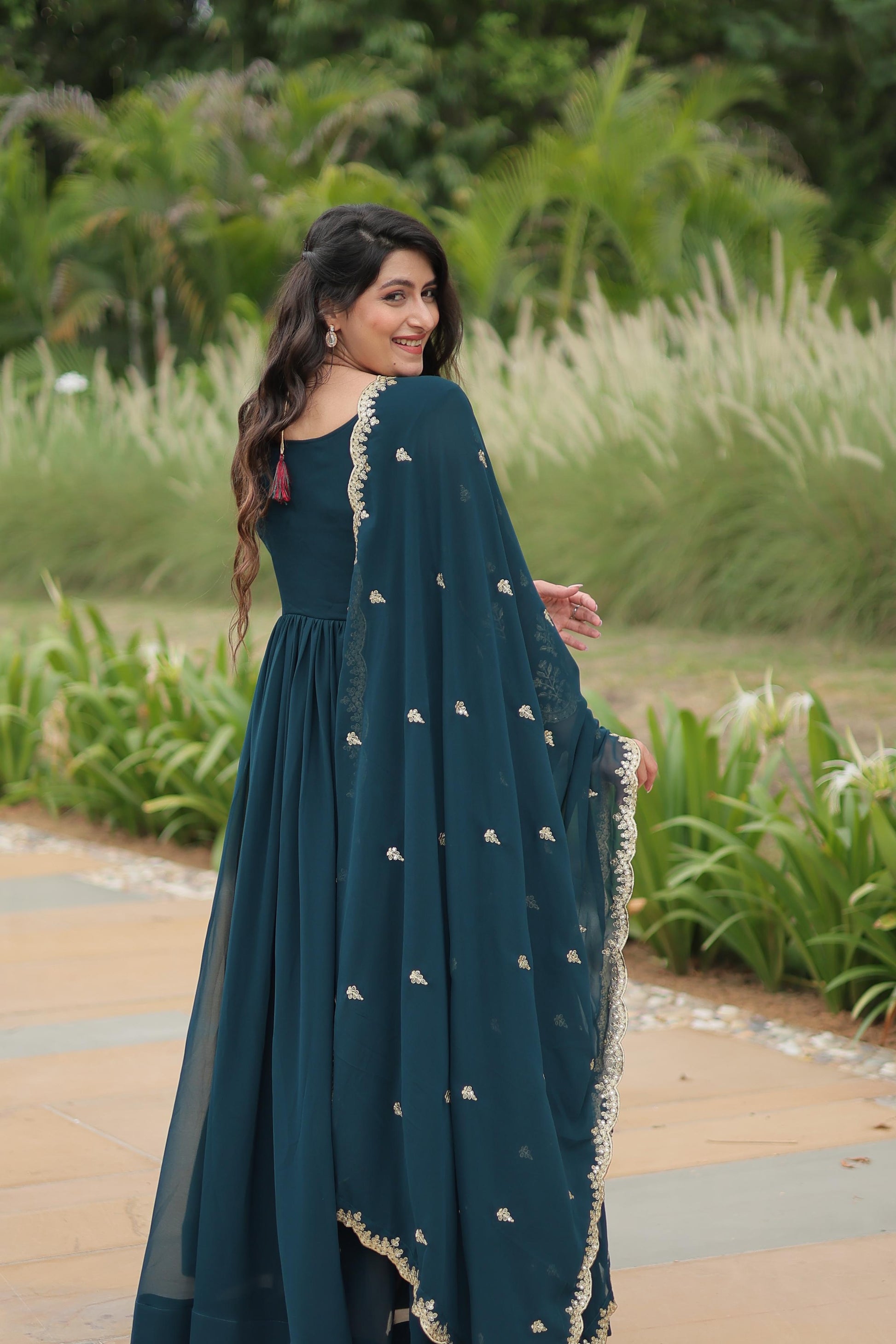 Evanik Rama Faux Blooming Gown With Dupatta With Sequins-Multi & Zari Embroidered Work