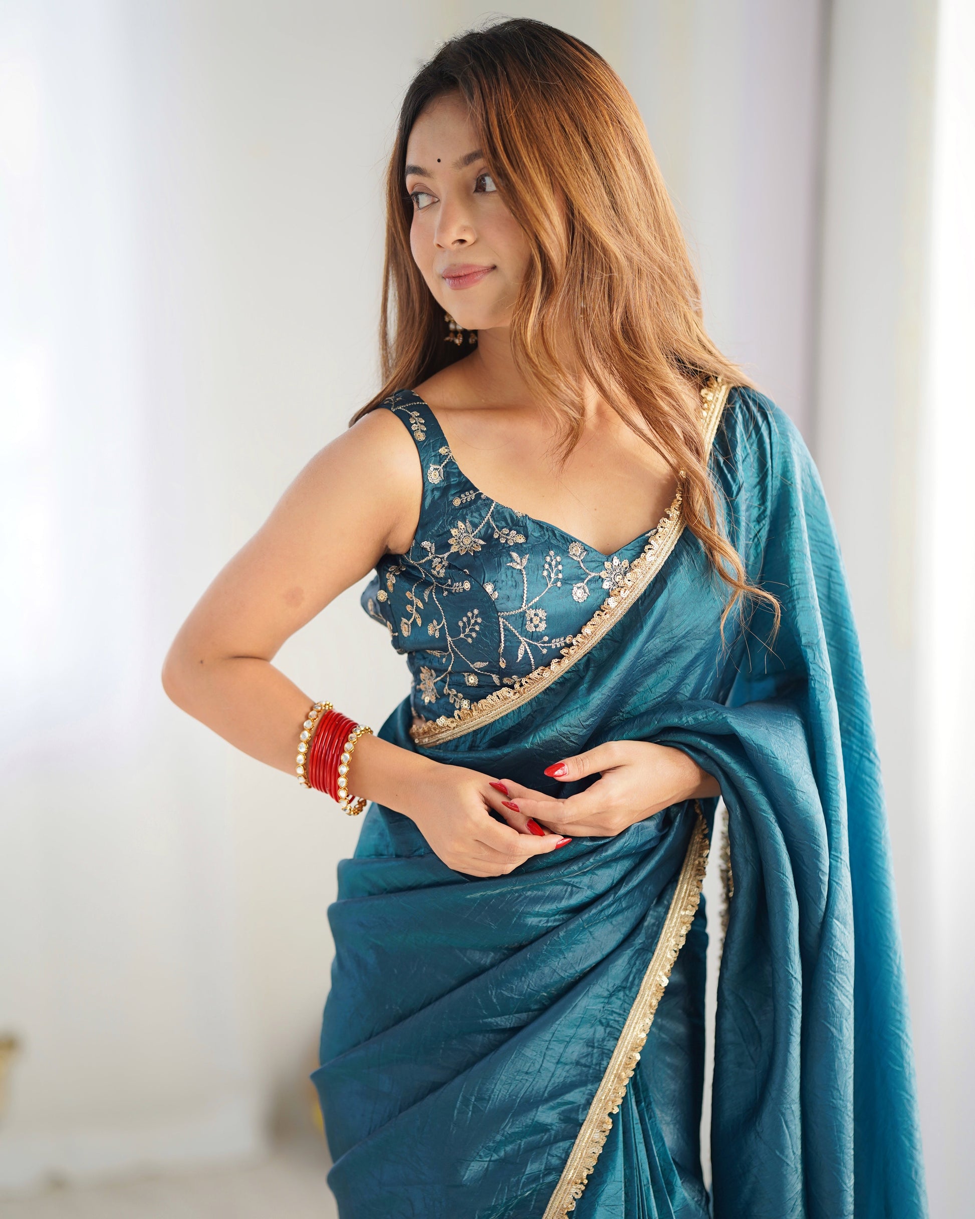 Lorenvalley Ready to wear Crush Tissue Silk Fabric Fancy Border Premium Lace Work Predrapped Grab2Buy 