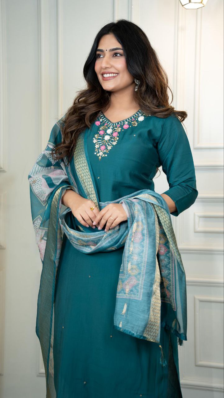 Lorenvalley Fashion Rama Roman Silk Hand Work Kurta Pant with Dupatta 