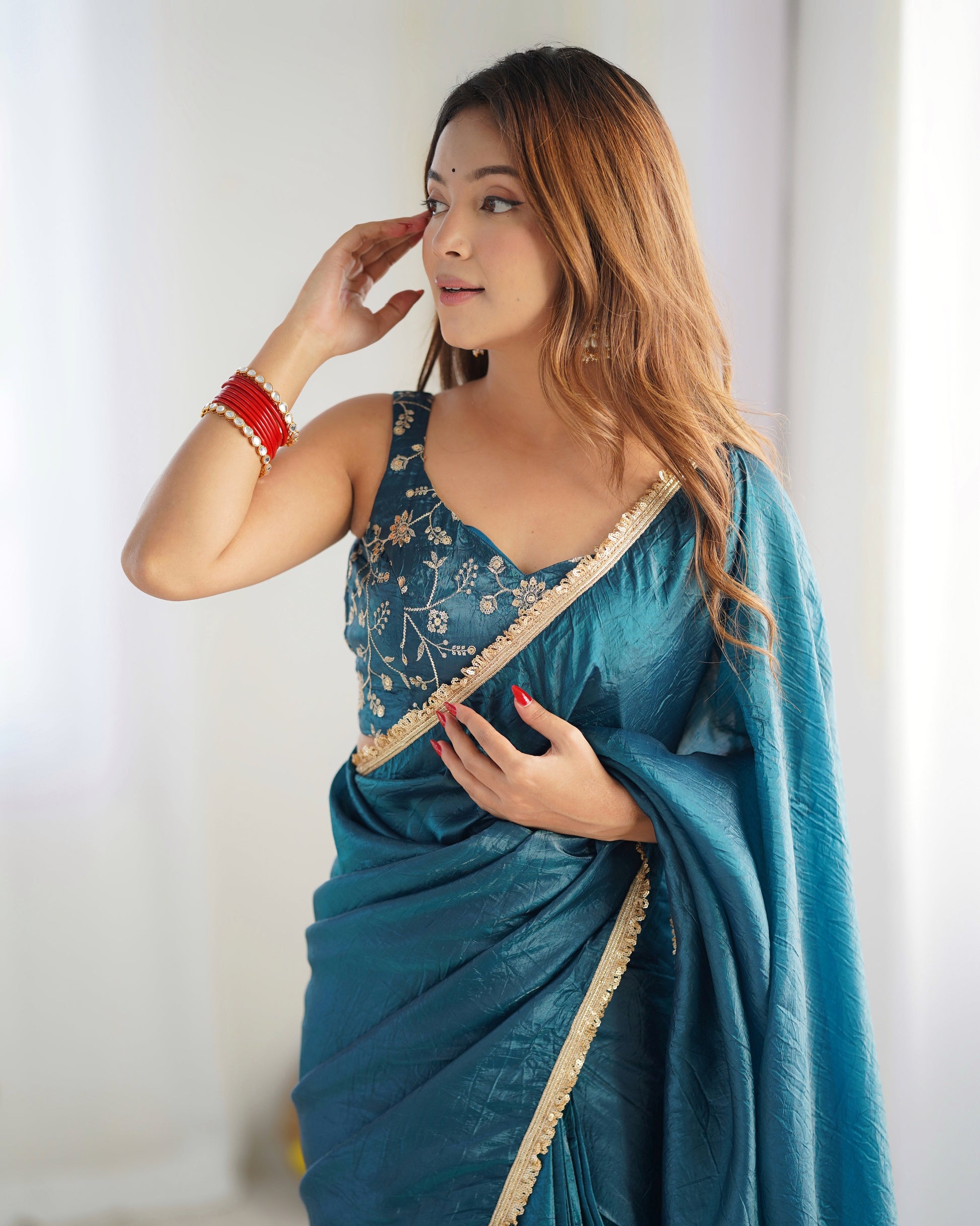 Lorenvalley Ready to wear Crush Tissue Silk Fabric Fancy Border Premium Lace Work Predrapped Grab2Buy 