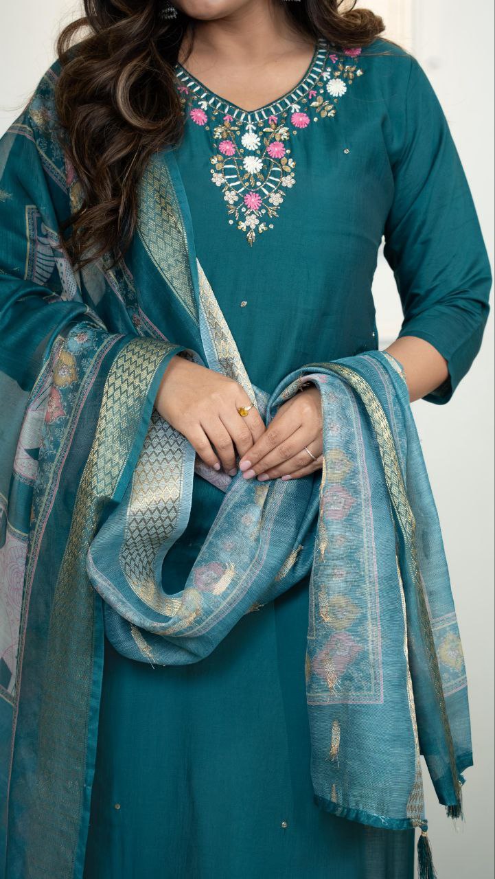 Lorenvalley Fashion Rama Roman Silk Hand Work Kurta Pant with Dupatta 