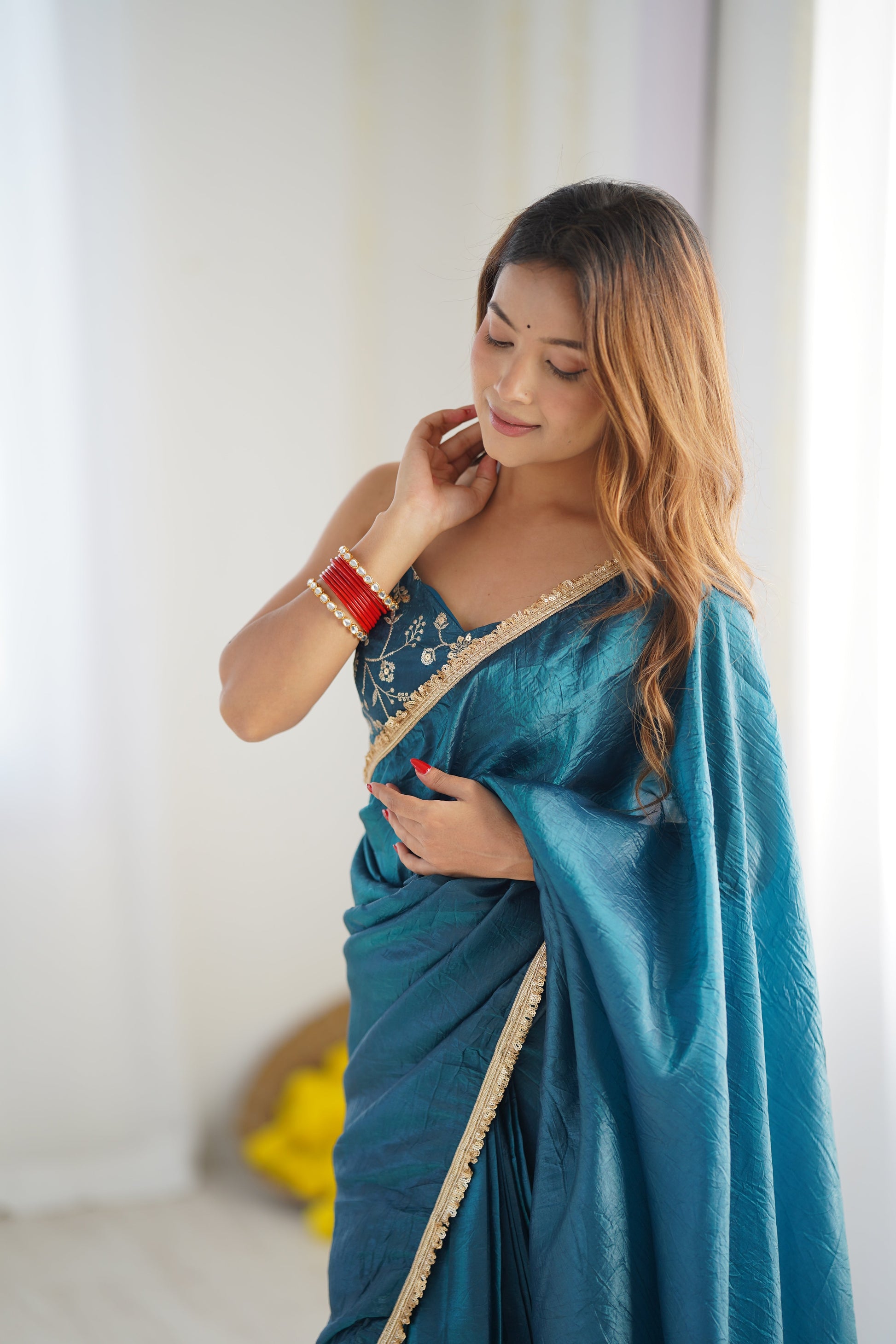 Lorenvalley Ready to wear Crush Tissue Silk Fabric Fancy Border Premium Lace Work Predrapped Grab2Buy 