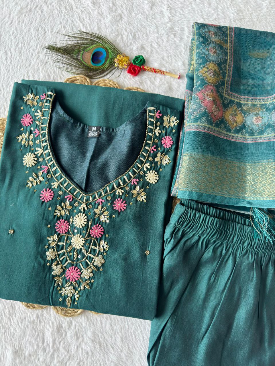 Lorenvalley Fashion Rama Roman Silk Hand Work Kurta Pant with Dupatta 