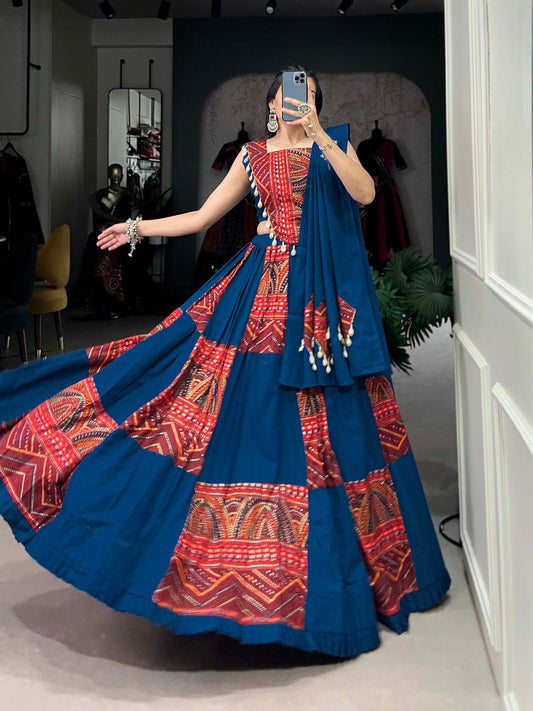 Lorenvalley Pure Cotton Rama Plain And Printed With Foil Work Lehenga Choli with Dupatta 