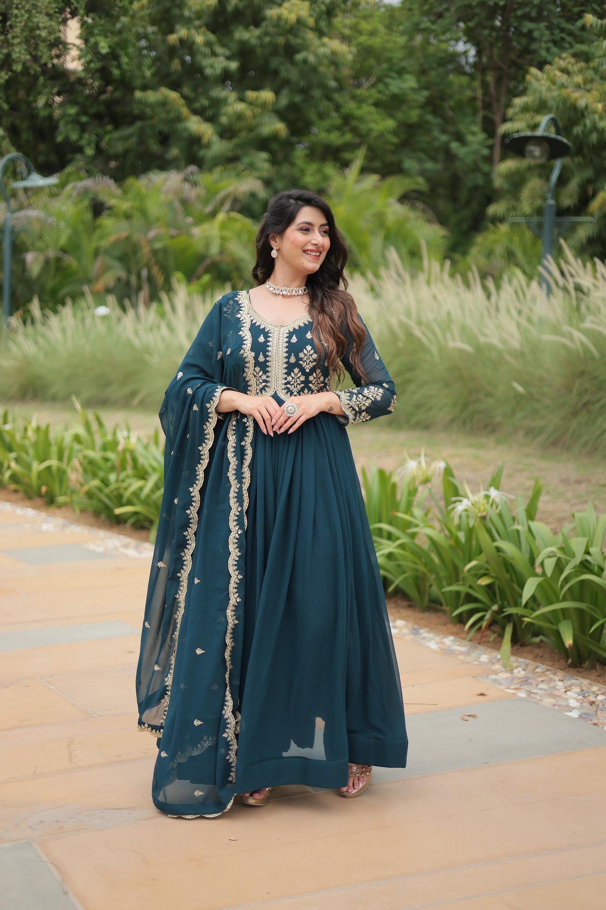 Evanik Rama Faux Blooming Gown With Dupatta With Sequins-Multi & Zari Embroidered Work