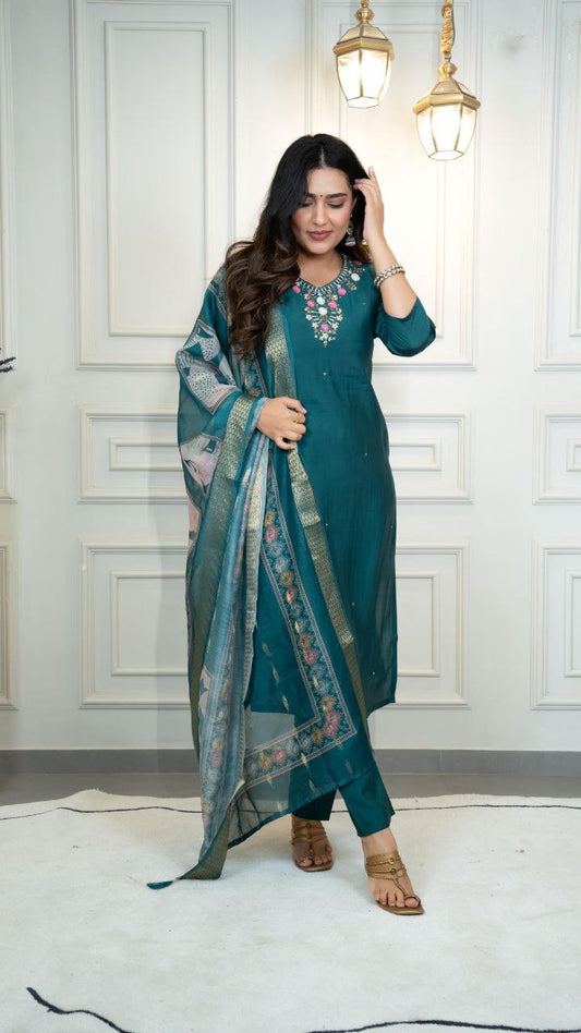 Lorenvalley Fashion Rama Roman Silk Hand Work Kurta Pant with Dupatta 