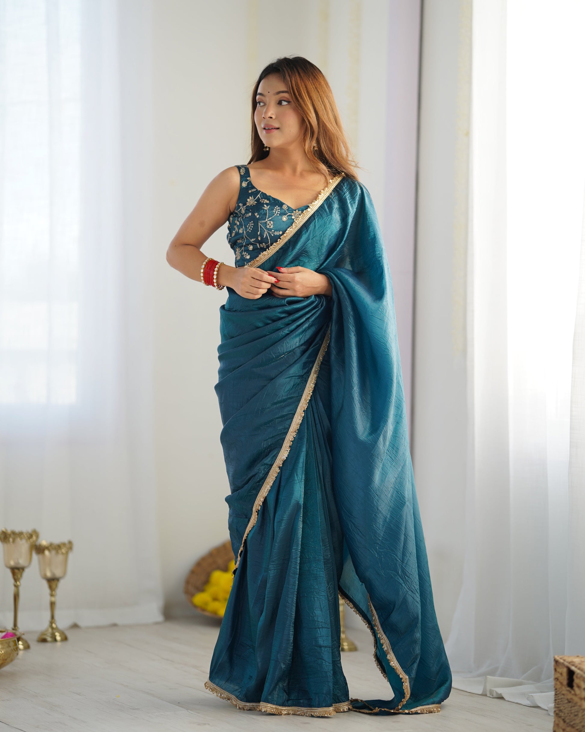 Lorenvalley Ready to wear Crush Tissue Silk Fabric Fancy Border Premium Lace Work Predrapped Grab2Buy 
