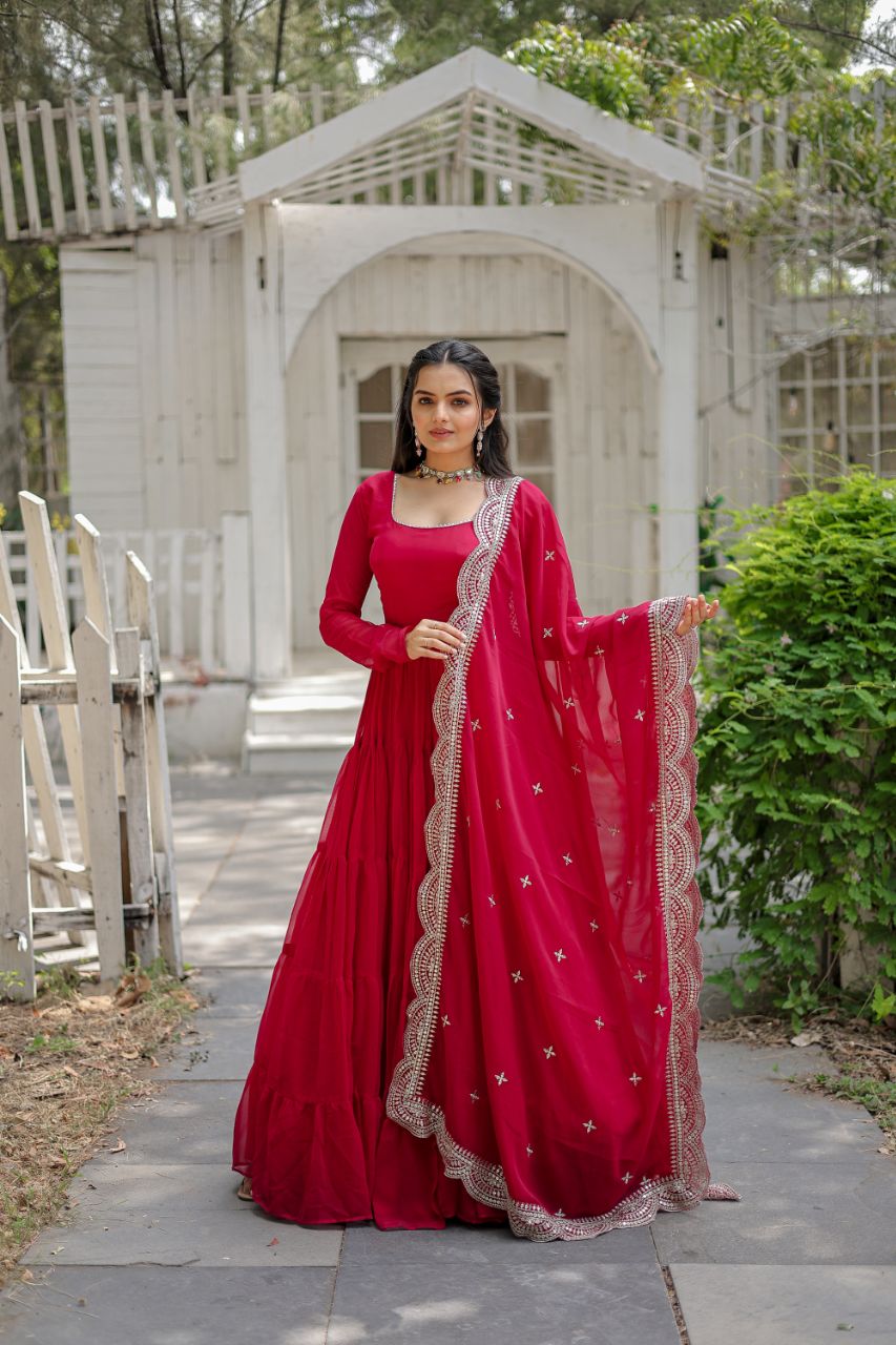 Evanik Rani Pink Faux Blooming Gown With Dupatta With Rich Sequins Embroidered work