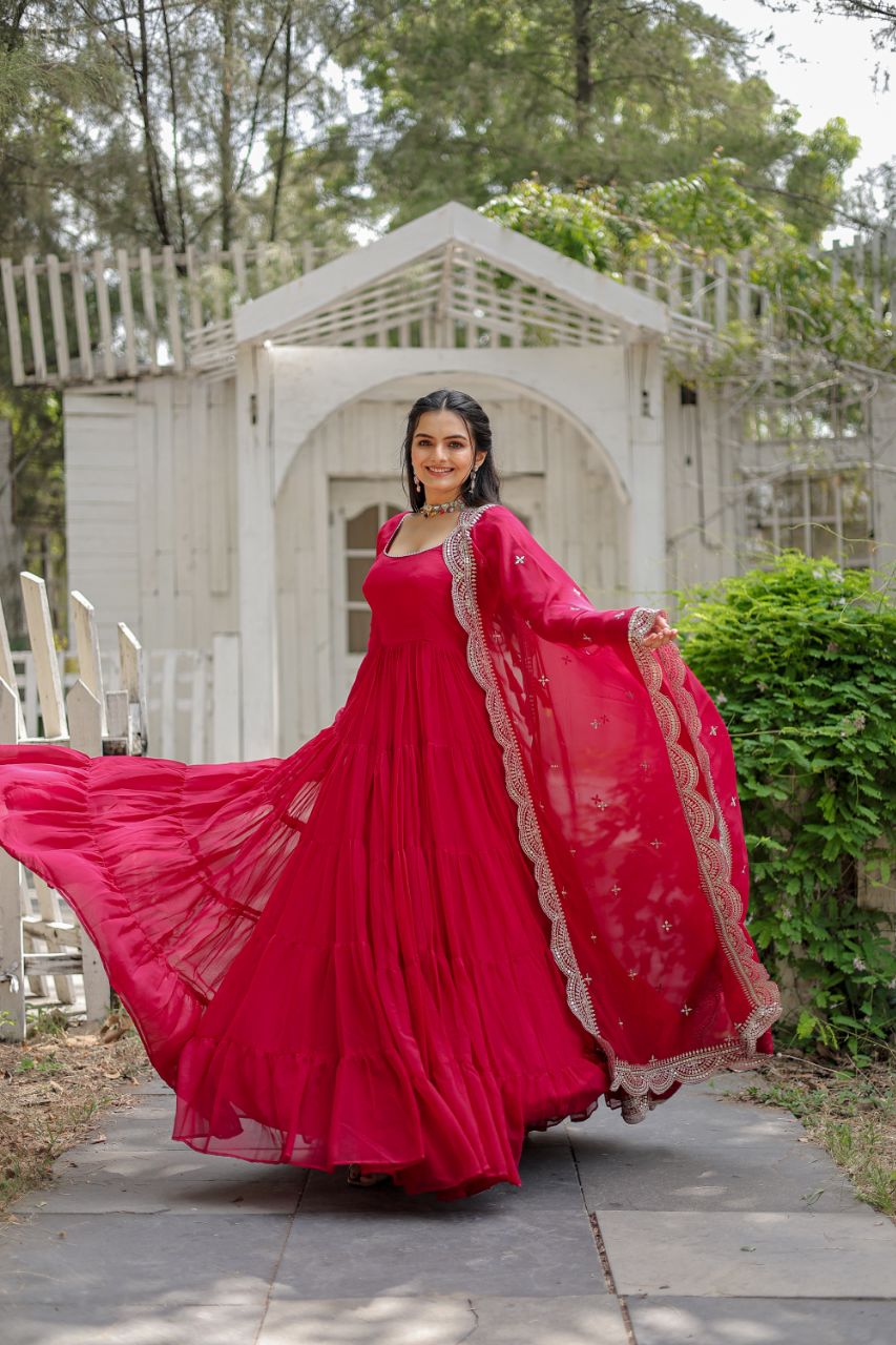 Evanik Rani Pink Faux Blooming Gown With Dupatta With Rich Sequins Embroidered work