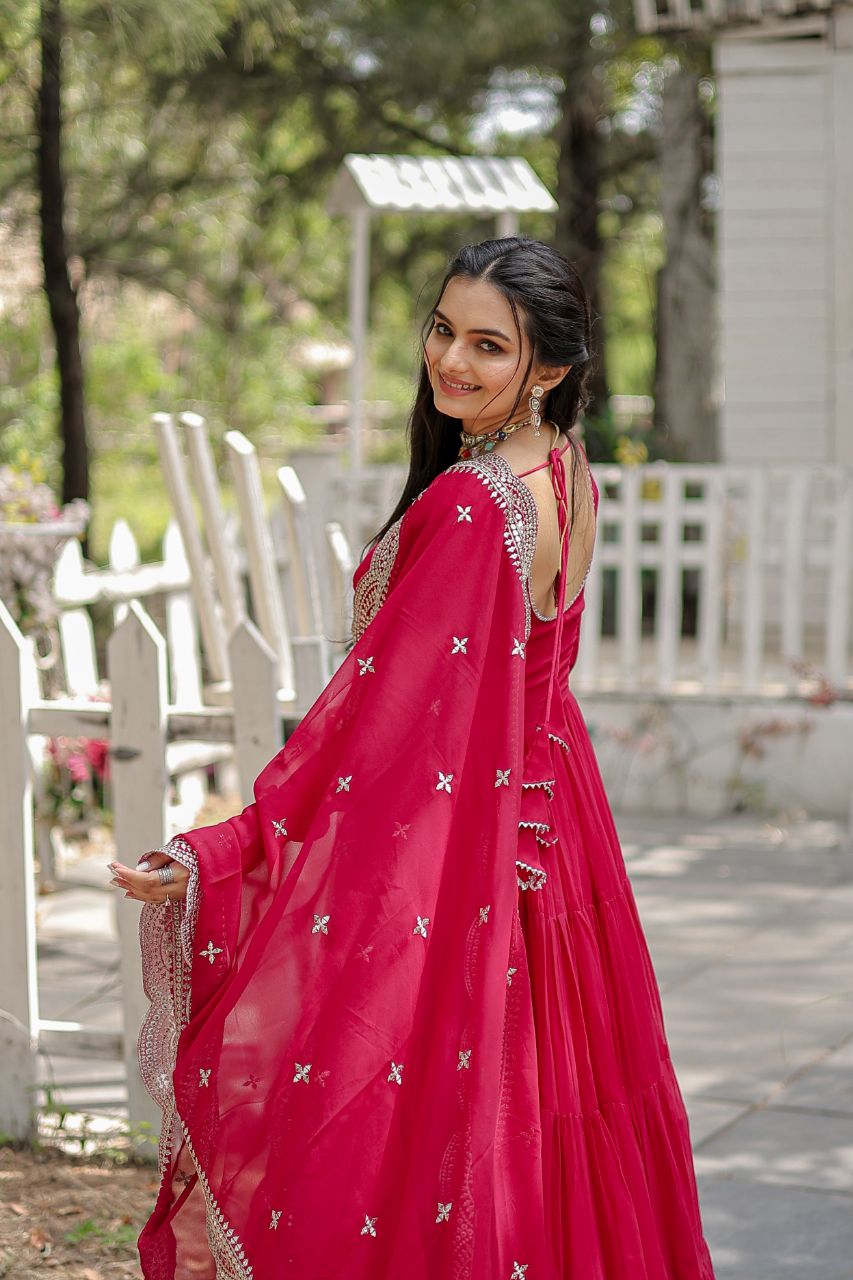 Evanik Rani Pink Faux Blooming Gown With Dupatta With Rich Sequins Embroidered work