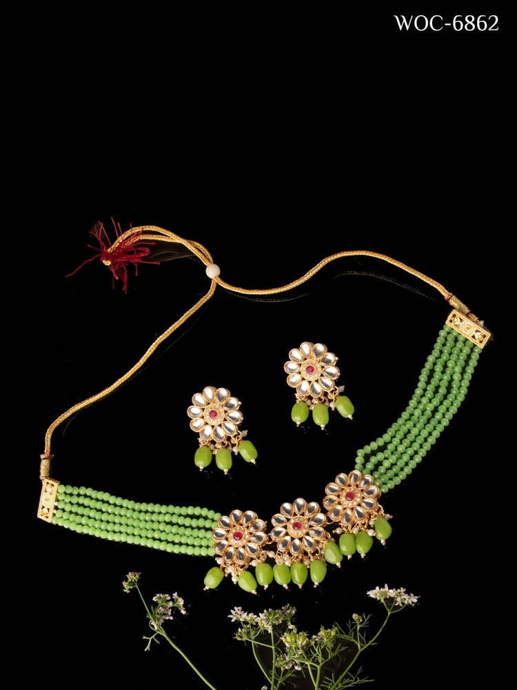 Mominos Fashion Johar Kamal Women's Pista Beads Pearls Gold-Plated Jewellery Set
