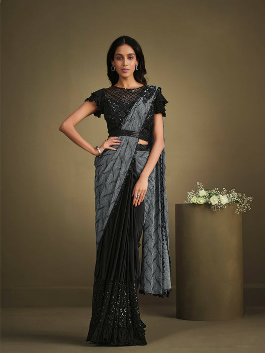 Grey & Black Crystal Crepe Sequence Embroidered Withtexture Saree With Stitched Blouse - Mohmanthan La Belle