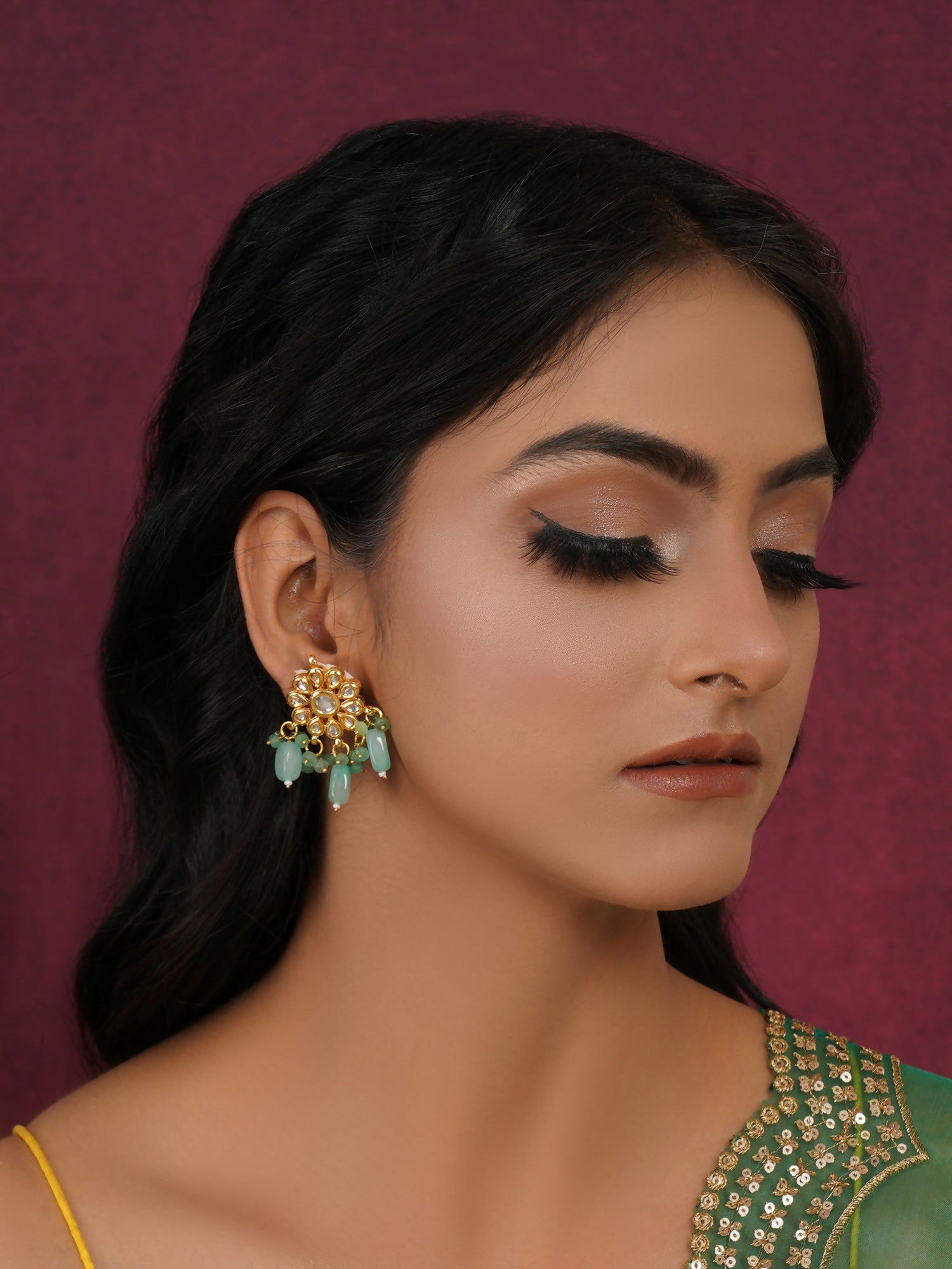 Mint Stone Kundan Earrings (Gold) - Ruby Raang - Grab2buy