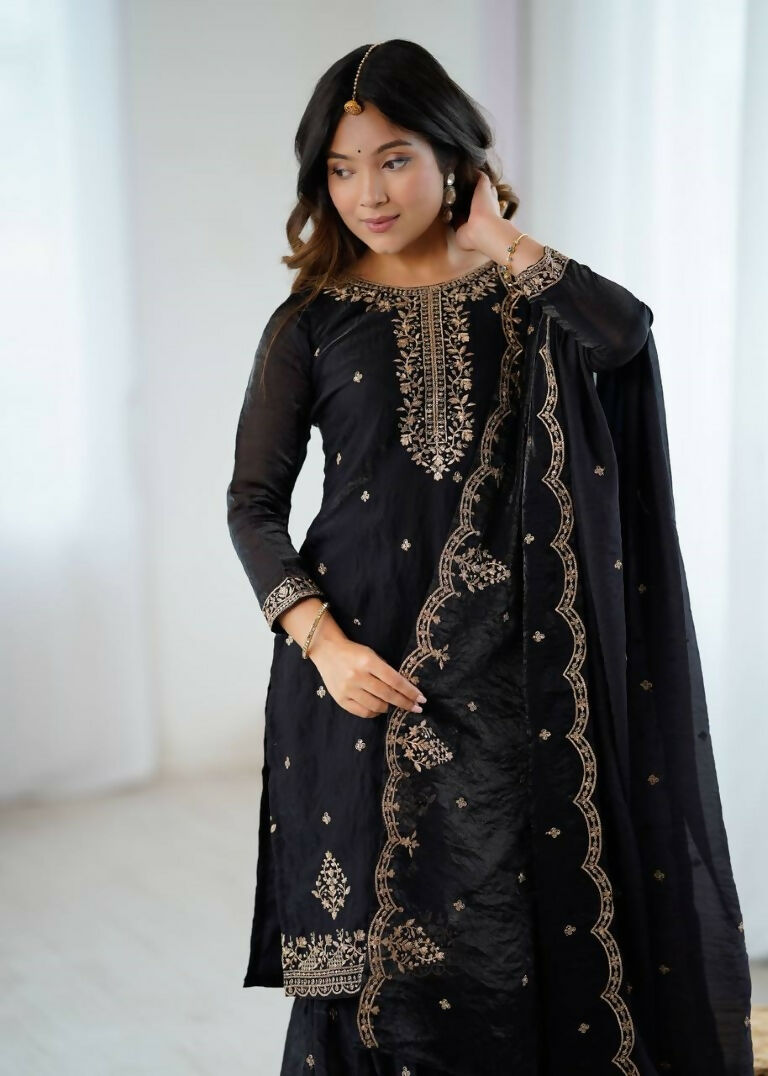 Teeya Creation Black Color Crunchy Silk Embroidery Work Wedding Wear Salwar Suit