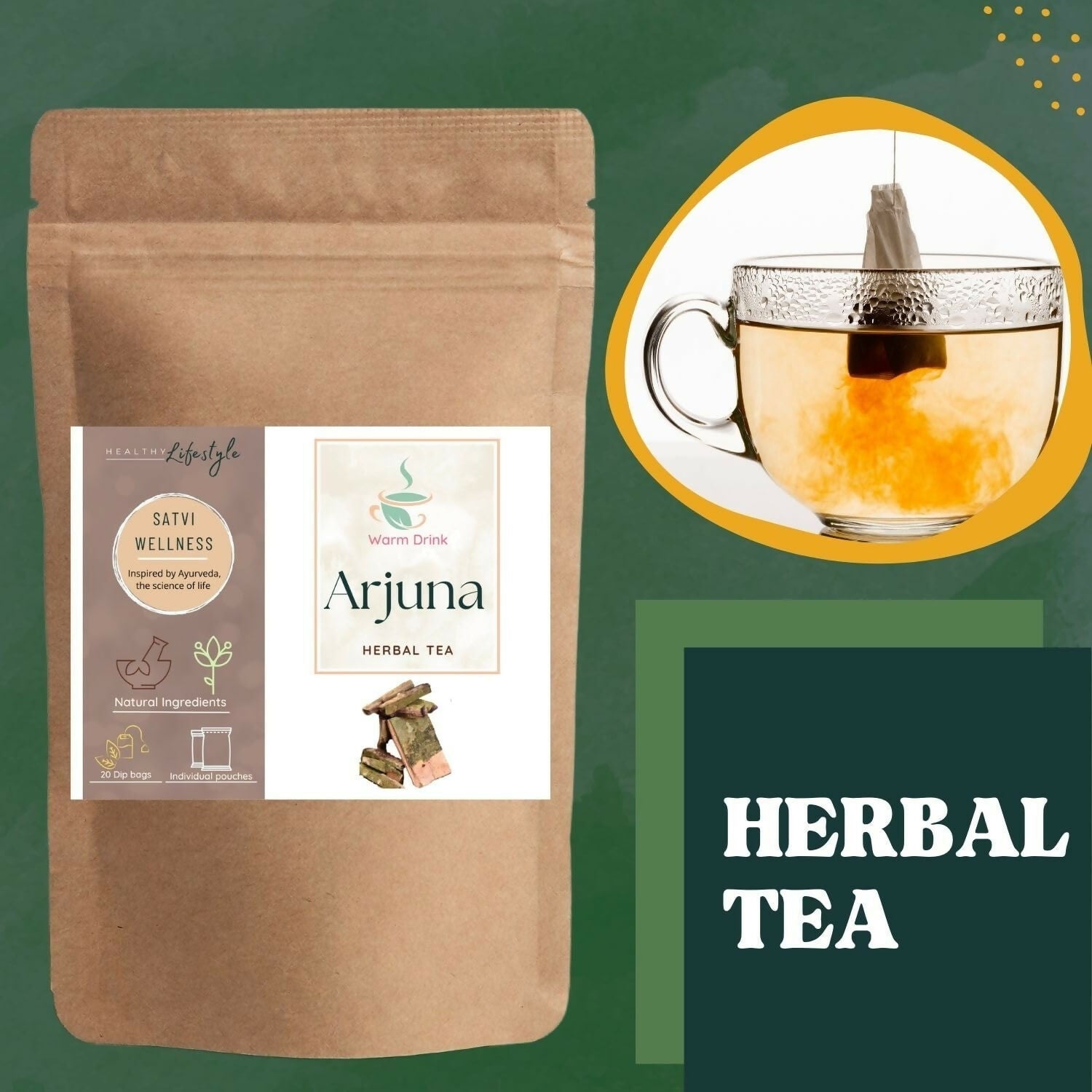 Satvi Wellness Arjuna herbal tea | Terminalia Arjuna tea bag | Natural ingredients | Herbal tea 