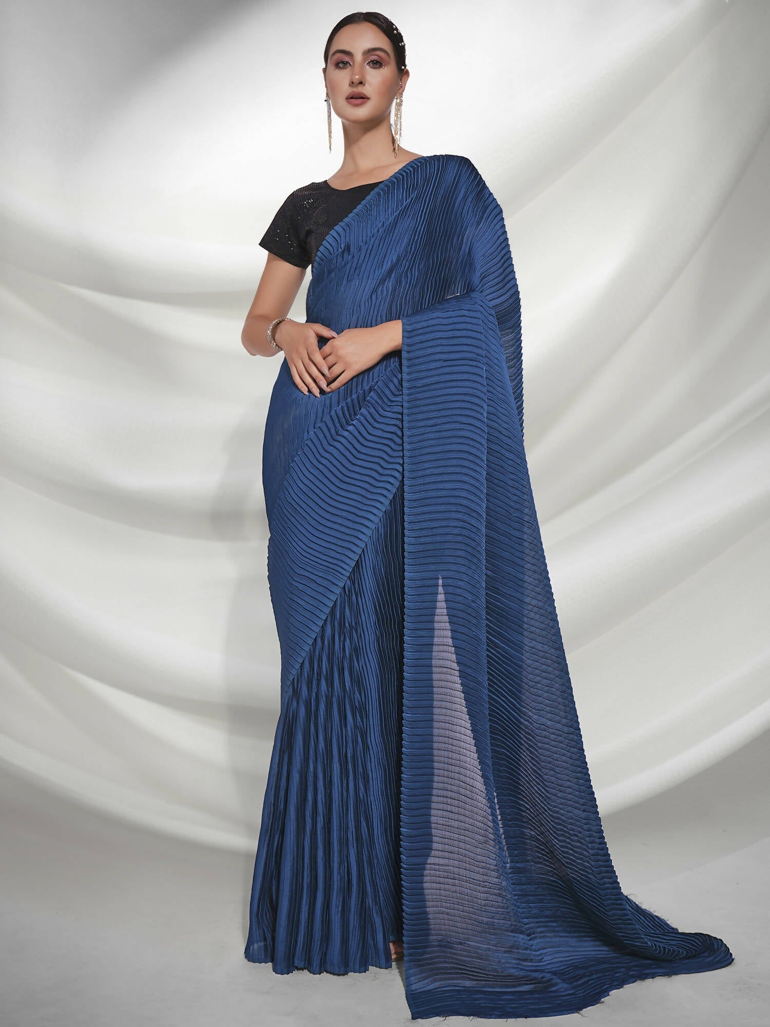 Teal Georgette Solid Texture Saree With Unstitched Blouse Piece - Rajal