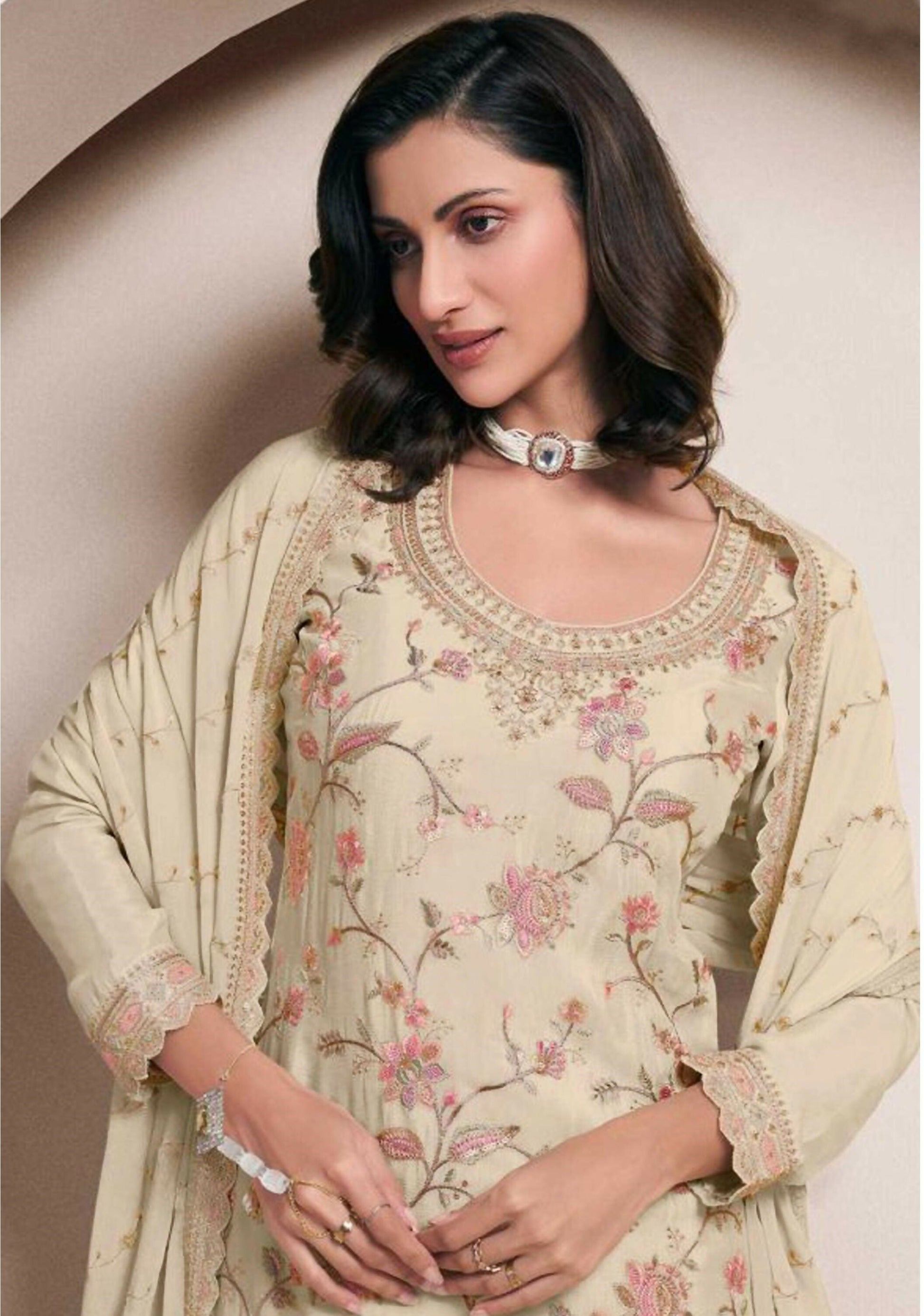 Anaita Off White Heavy Chinon With Embroidery Sharara Suit (bottom Stitched)