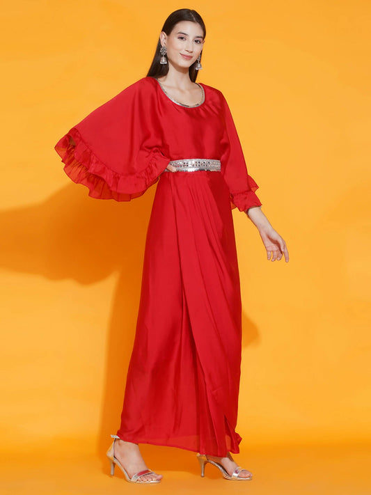 Women Republic Red Georgette Gown With Embellished Belt - Grab2buy