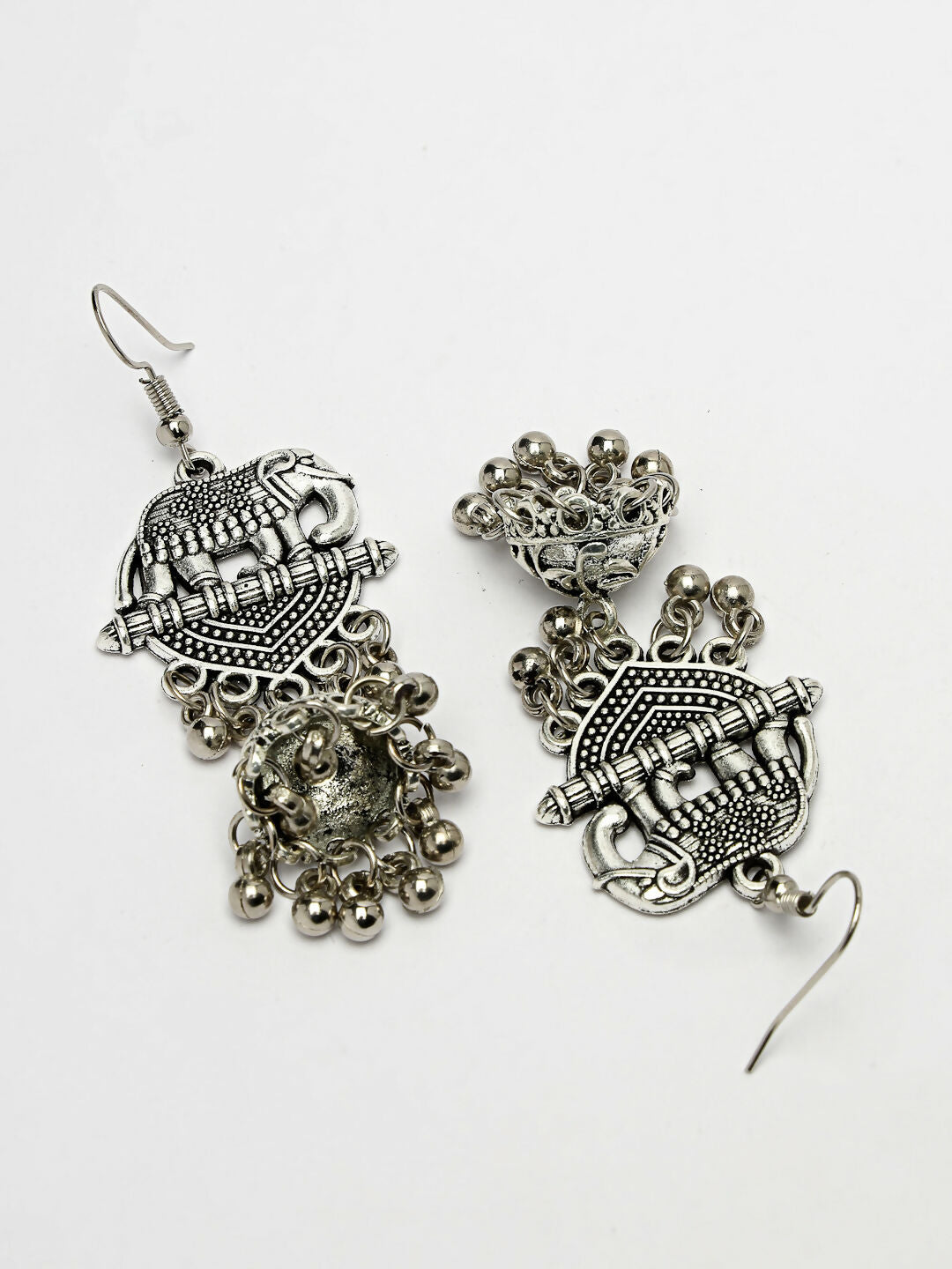 NVR Women's Silver-Toned Elephant Design German Silver Oxidised Dome Shaped Jhumka Earrings 