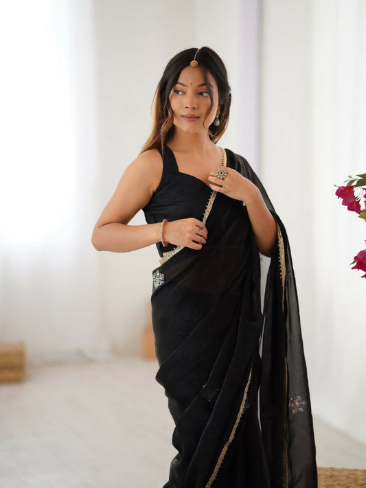 Black Fendy Designer Beads Moti,Val Sequence Work Saree - Siara