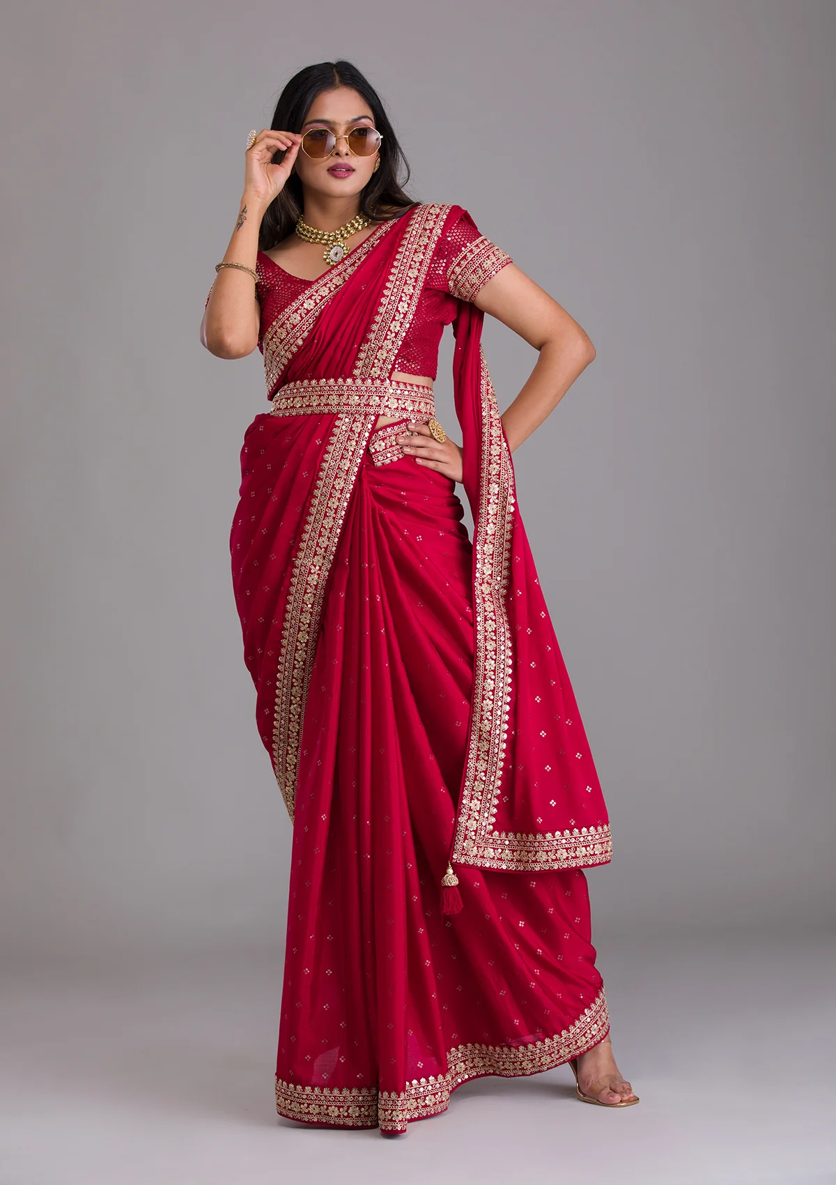 Teeya Creation Red Color Chinnon Silk Heavy Embroidery Work Saree