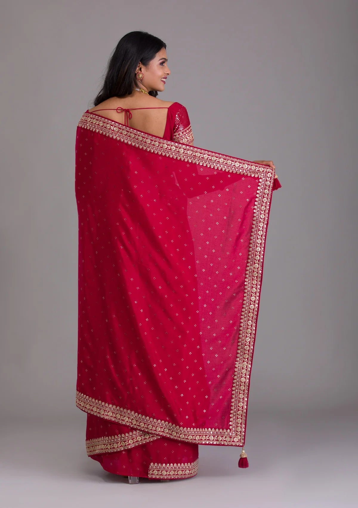 Teeya Creation Red Color Chinnon Silk Heavy Embroidery Work Saree