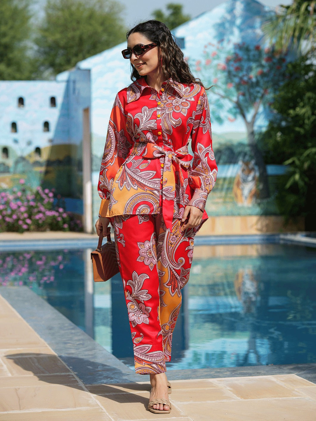 Yufta Red And Yellow Printed Satin Co-Ords 