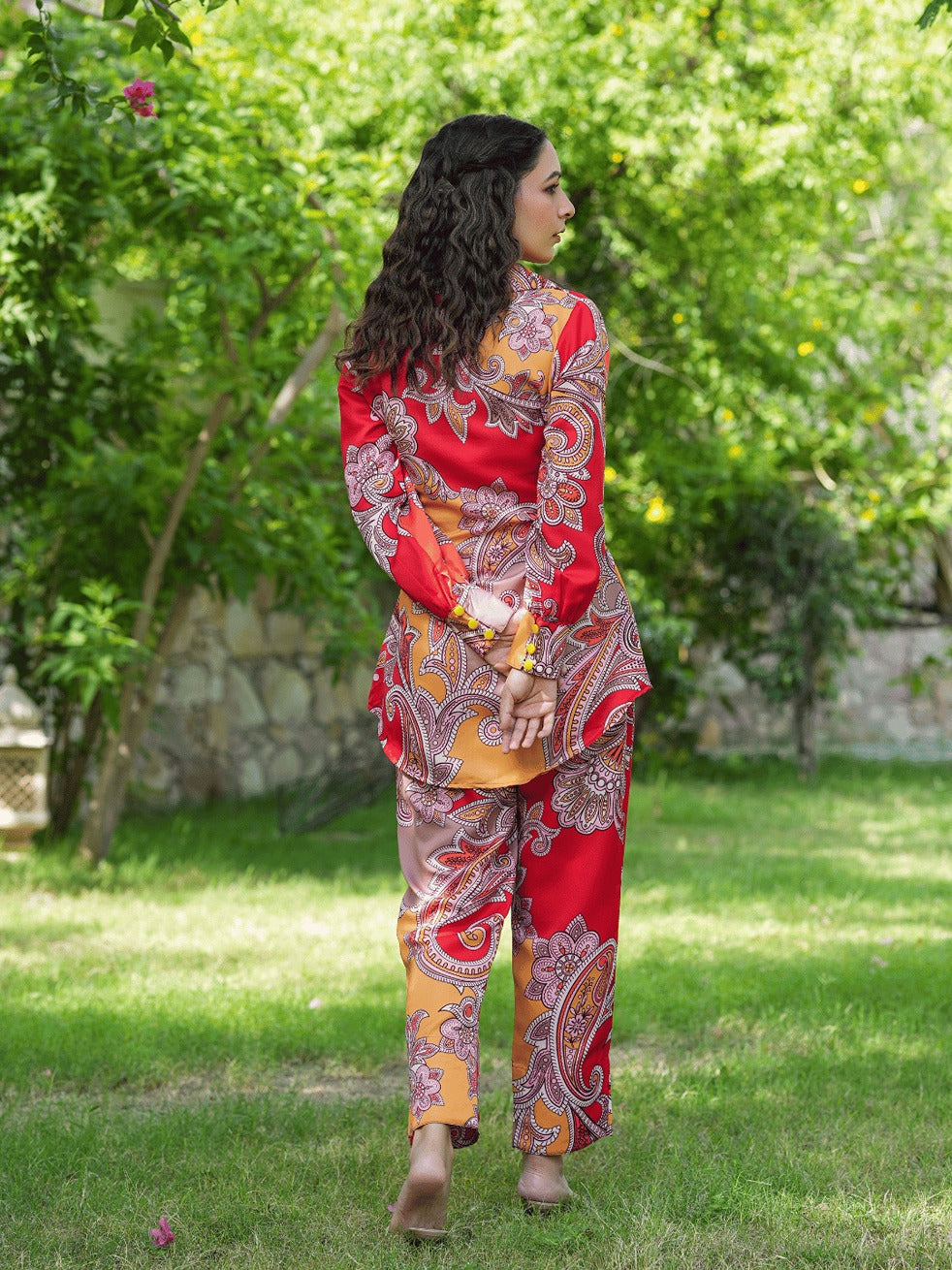 Yufta Red And Yellow Printed Satin Co-Ords 