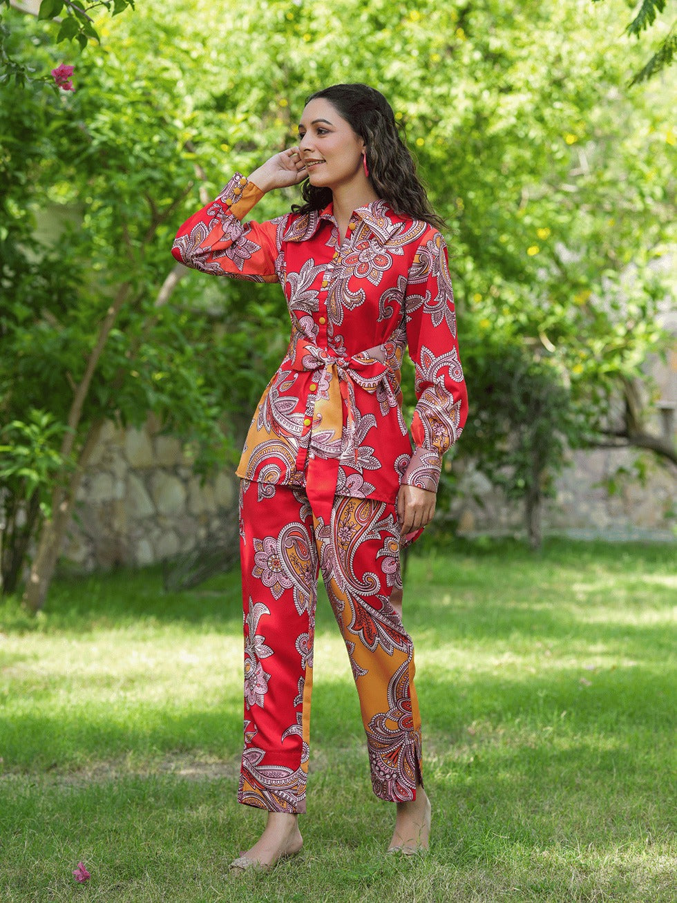 Yufta Red And Yellow Printed Satin Co-Ords 