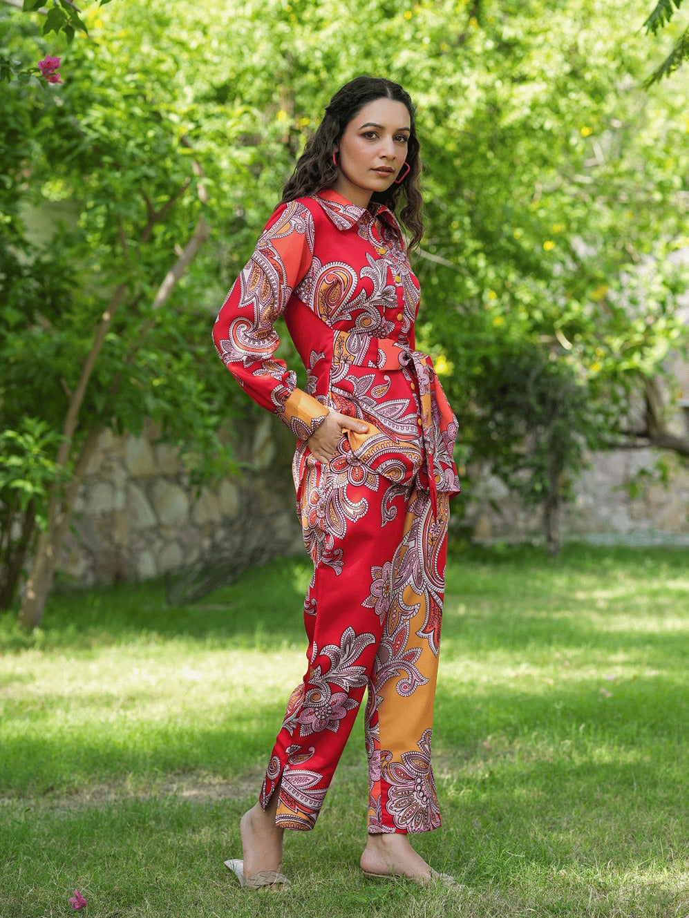 Yufta Red And Yellow Printed Satin Co-Ords 