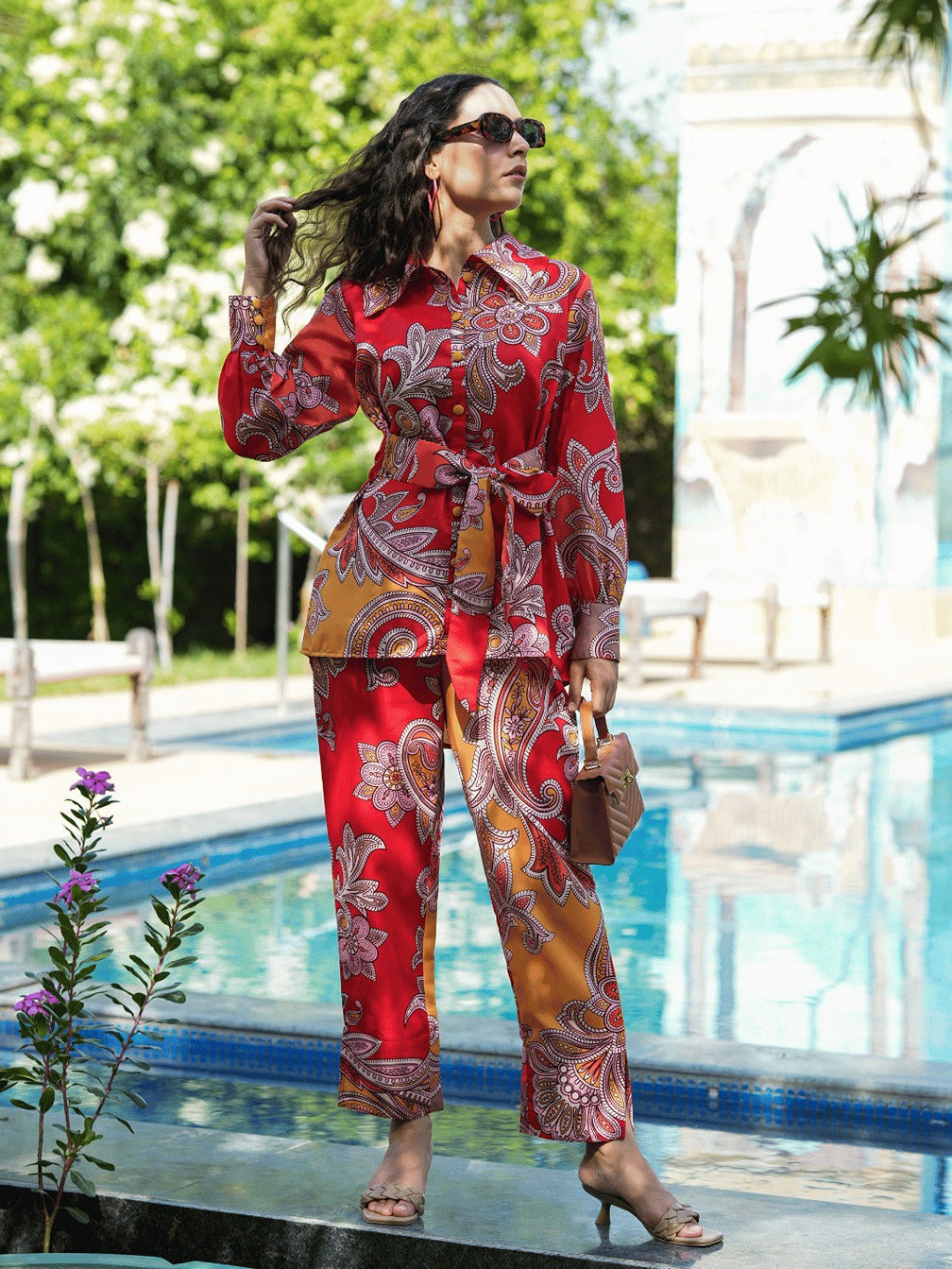 Yufta Red And Yellow Printed Satin Co-Ords 