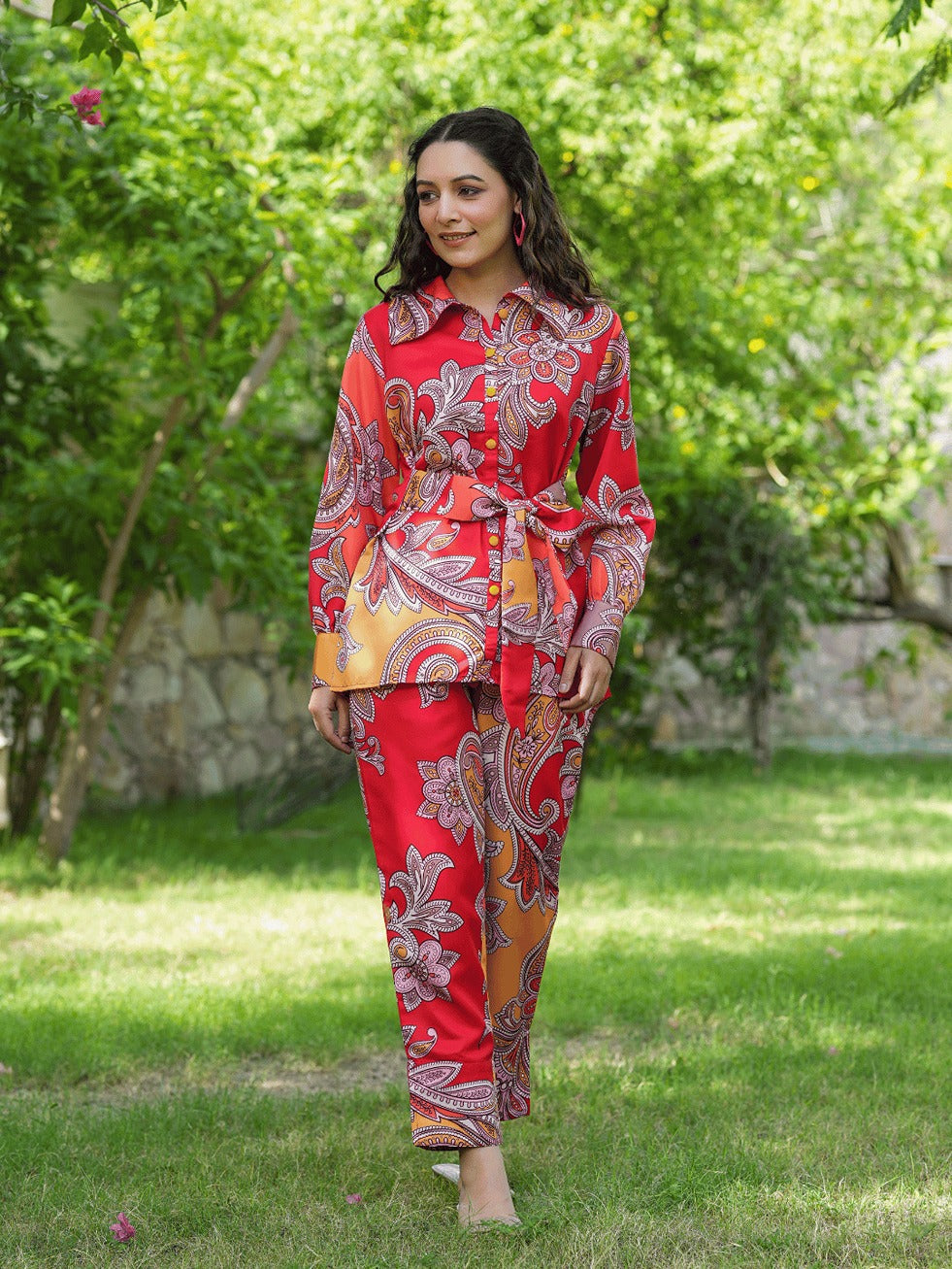 Yufta Red And Yellow Printed Satin Co-Ords 