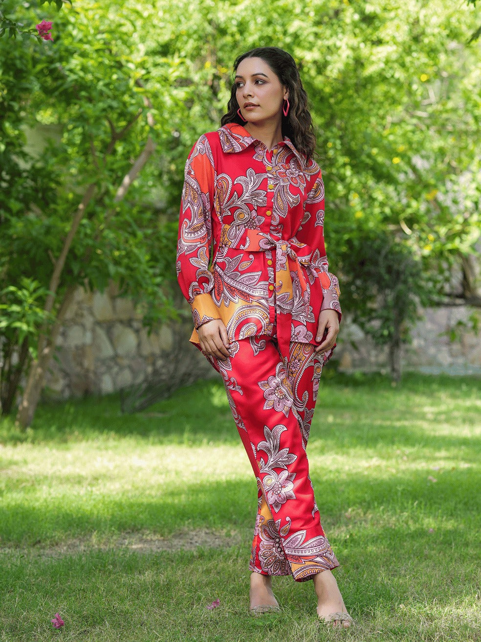 Yufta Red And Yellow Printed Satin Co-Ords 