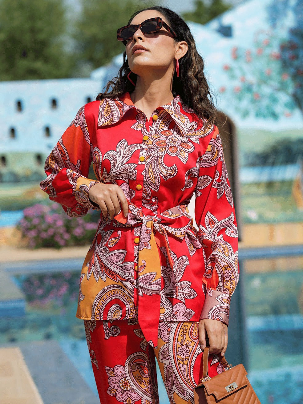 Yufta Red And Yellow Printed Satin Co-Ords 