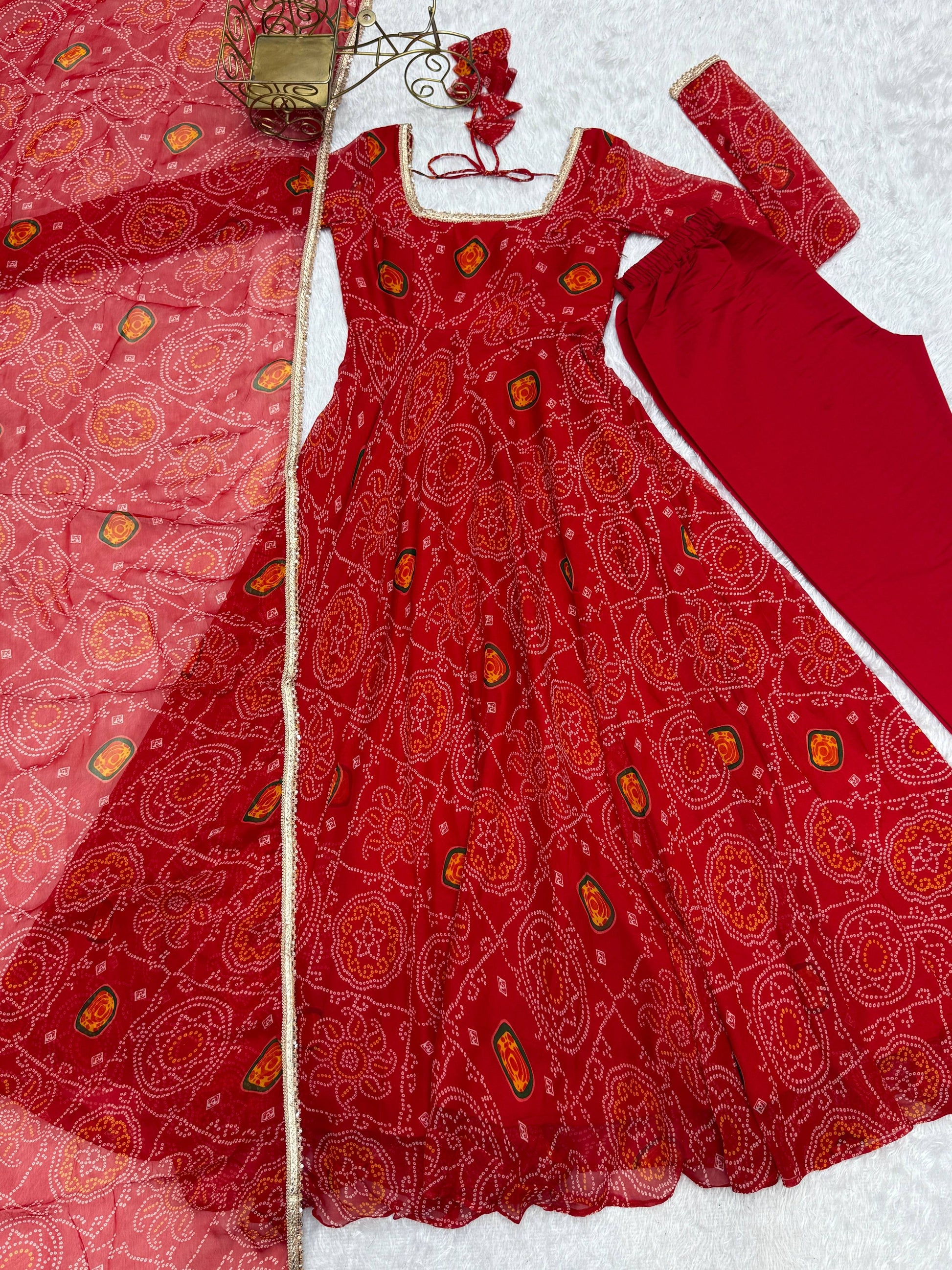 Lorenvalley Women Soft Lightweight Chiffon Bandhej Print Fabric Anarkali Kurta Pant With Dupatta Set 